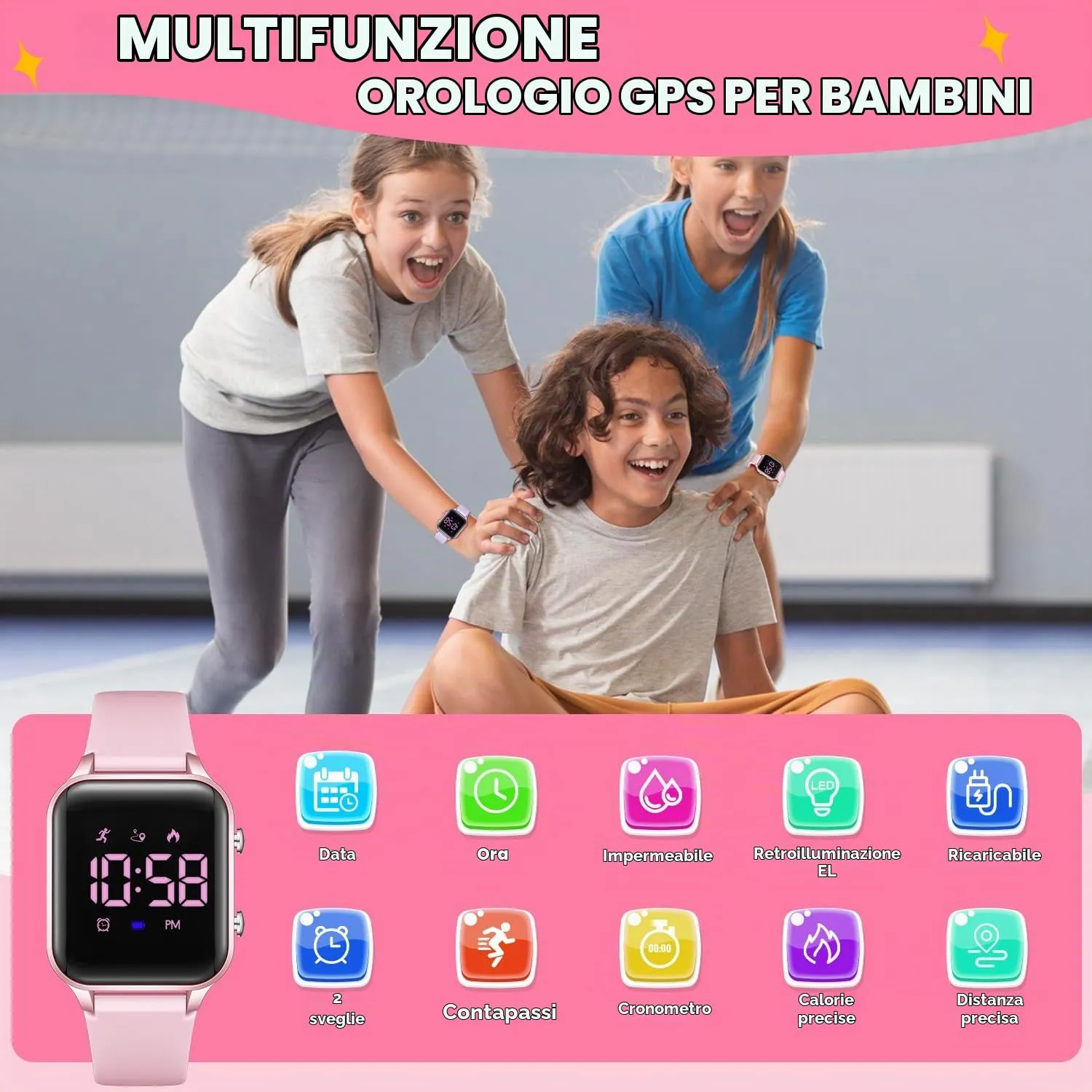 caprock Orologio digitale a LED per bambini, con contapassi, impermeabile fino a 50 atm, con calcolo della distanza/vibrazione, doppia sveglia/cronometro - immagine 2