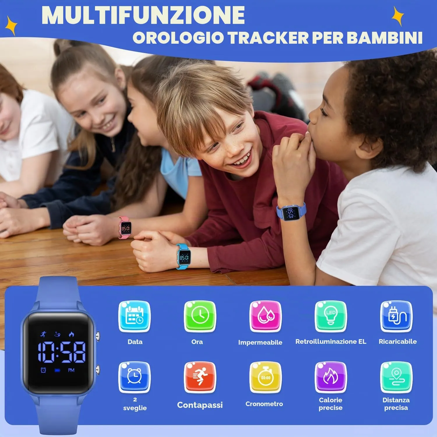 caprock Orologio digitale a LED per bambini, con contapassi, impermeabile fino a 50 atm, con calcolo della distanza/vibrazione, doppia sveglia/cronometro - immagine 2