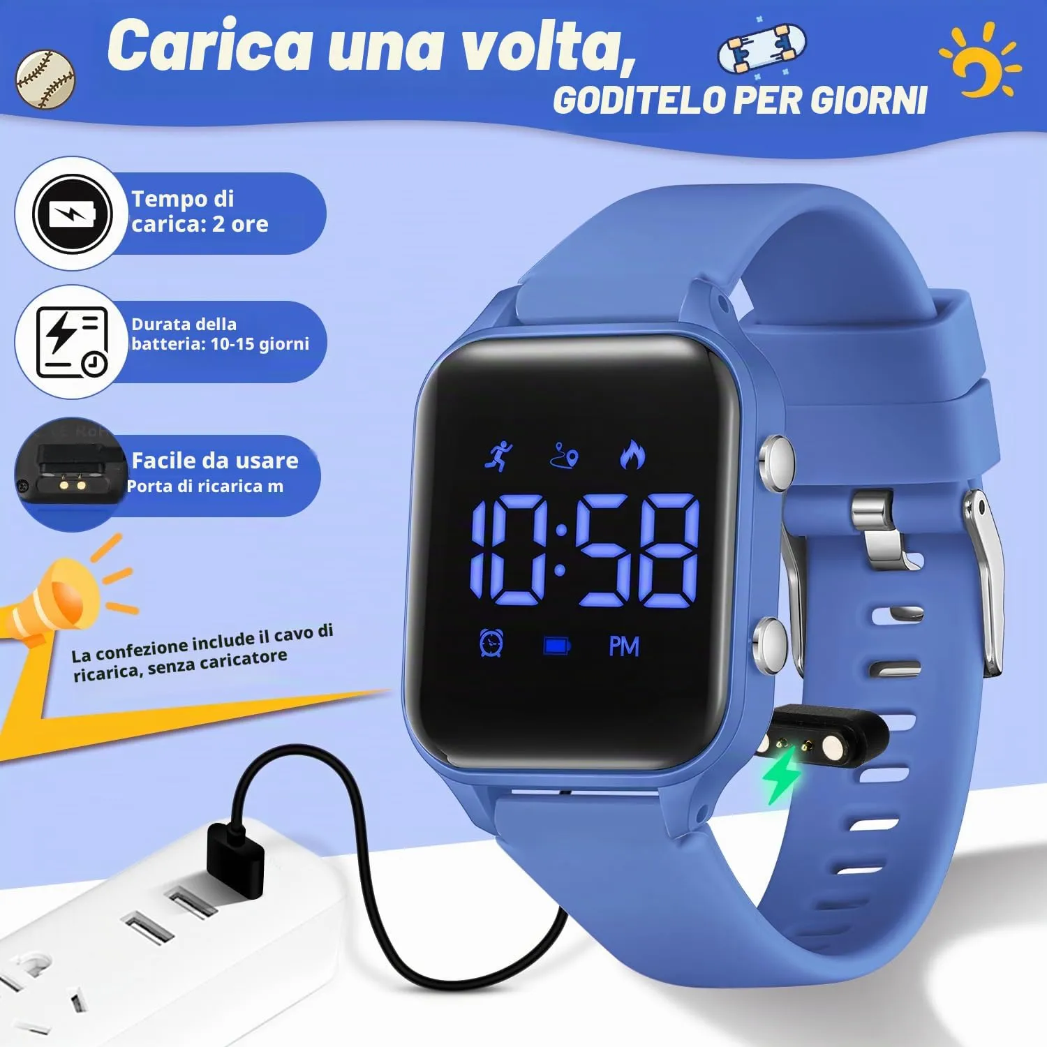 caprock Orologio digitale a LED per bambini, con contapassi, impermeabile fino a 50 atm, con calcolo della distanza/vibrazione, doppia sveglia/cronometro - immagine 3