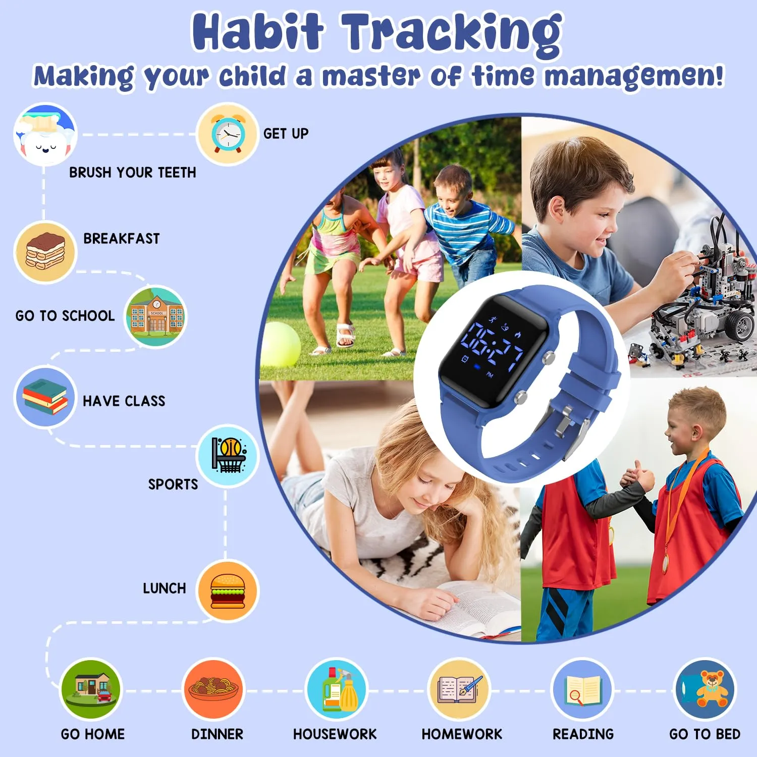 caprock Orologio digitale a LED per bambini, con contapassi, impermeabile fino a 50 atm, con calcolo della distanza/vibrazione, doppia sveglia/cronometro - immagine 4