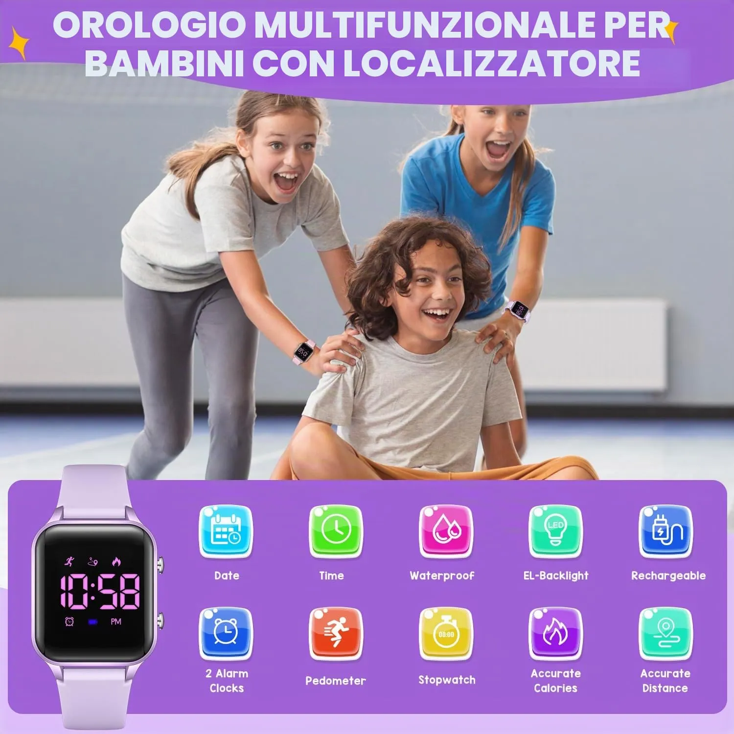 caprock Orologio digitale a LED per bambini, con contapassi, impermeabile fino a 50 atm, con calcolo della distanza/vibrazione, doppia sveglia/cronometro - immagine 2