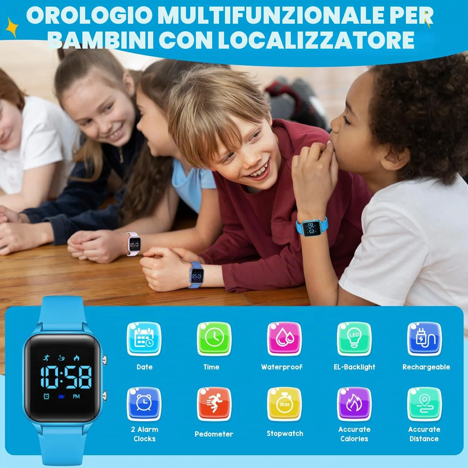 caprock Orologio digitale a LED per bambini, con contapassi, impermeabile fino a 50 atm, con calcolo della distanza/vibrazione, doppia sveglia/cronometro - immagine 2