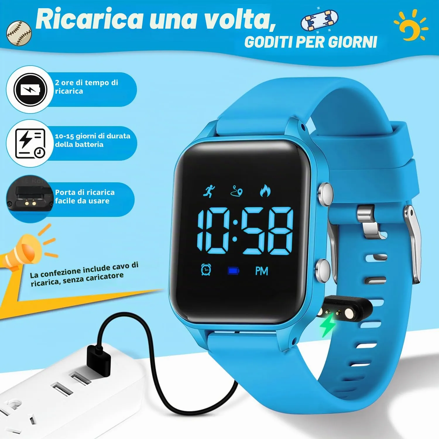 caprock Orologio digitale a LED per bambini, con contapassi, impermeabile fino a 50 atm, con calcolo della distanza/vibrazione, doppia sveglia/cronometro - immagine 3