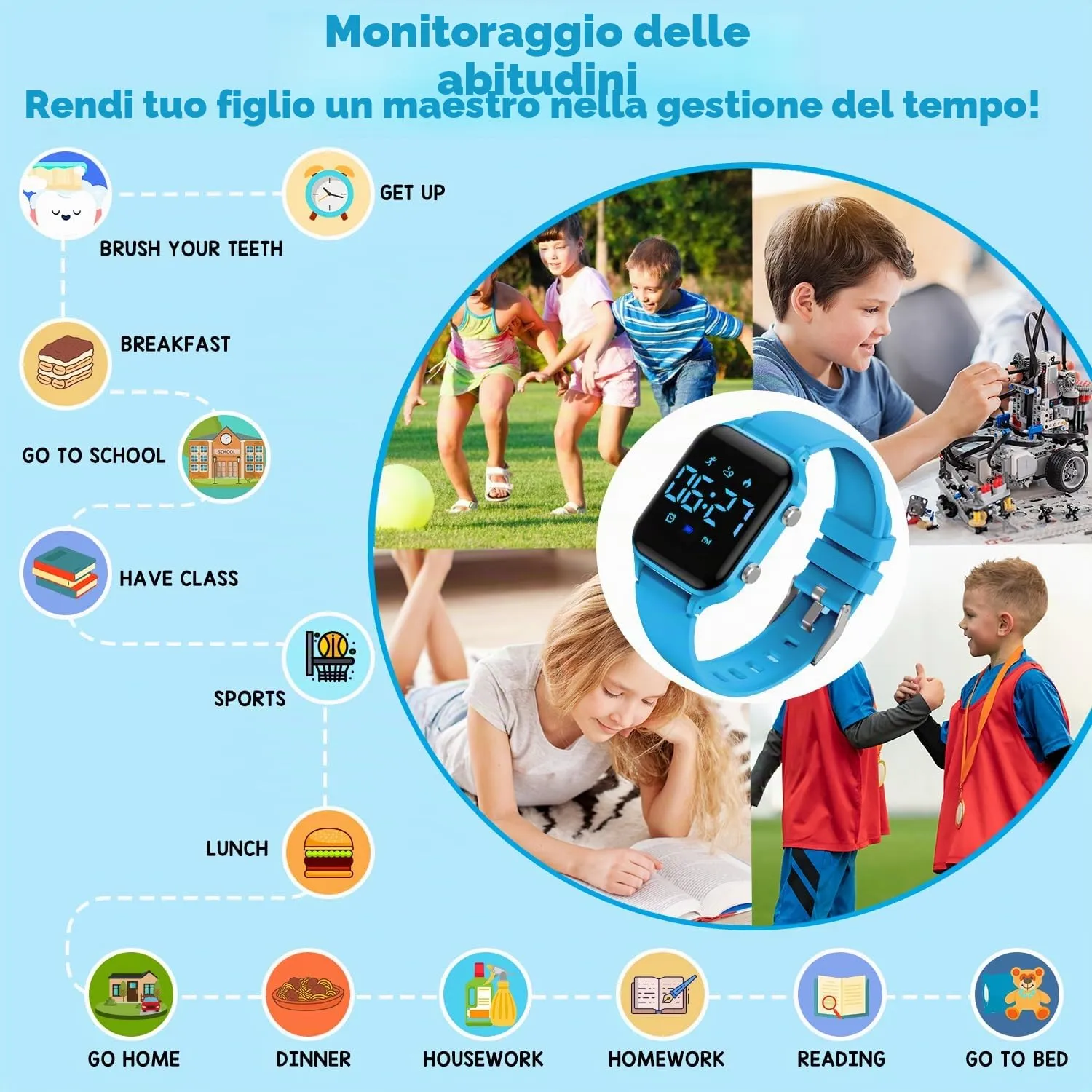 caprock Orologio digitale a LED per bambini, con contapassi, impermeabile fino a 50 atm, con calcolo della distanza/vibrazione, doppia sveglia/cronometro - immagine 4