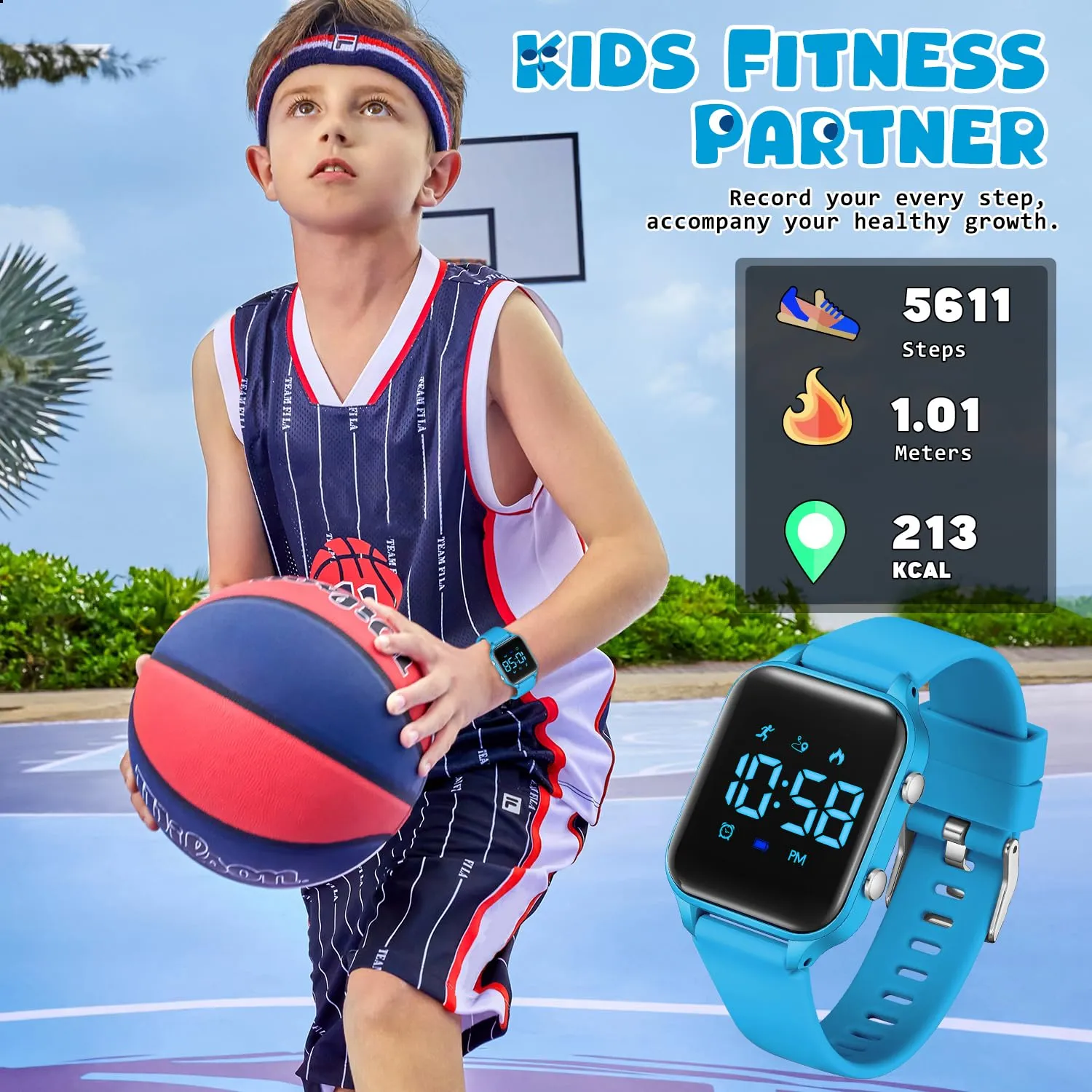 caprock Orologio digitale a LED per bambini, con contapassi, impermeabile fino a 50 atm, con calcolo della distanza/vibrazione, doppia sveglia/cronometro - immagine 5