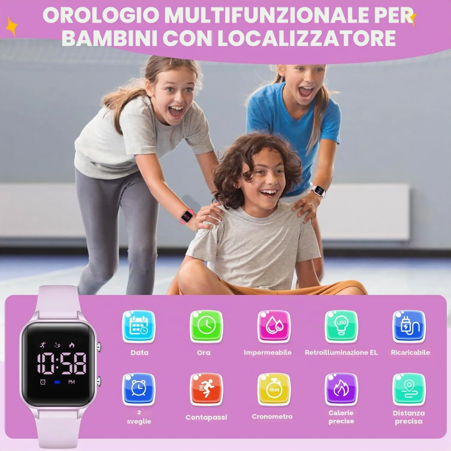 caprock Orologio digitale a LED per bambini, con contapassi, impermeabile fino a 50 atm, con calcolo della distanza/vibrazione, doppia sveglia/cronometro - immagine 2