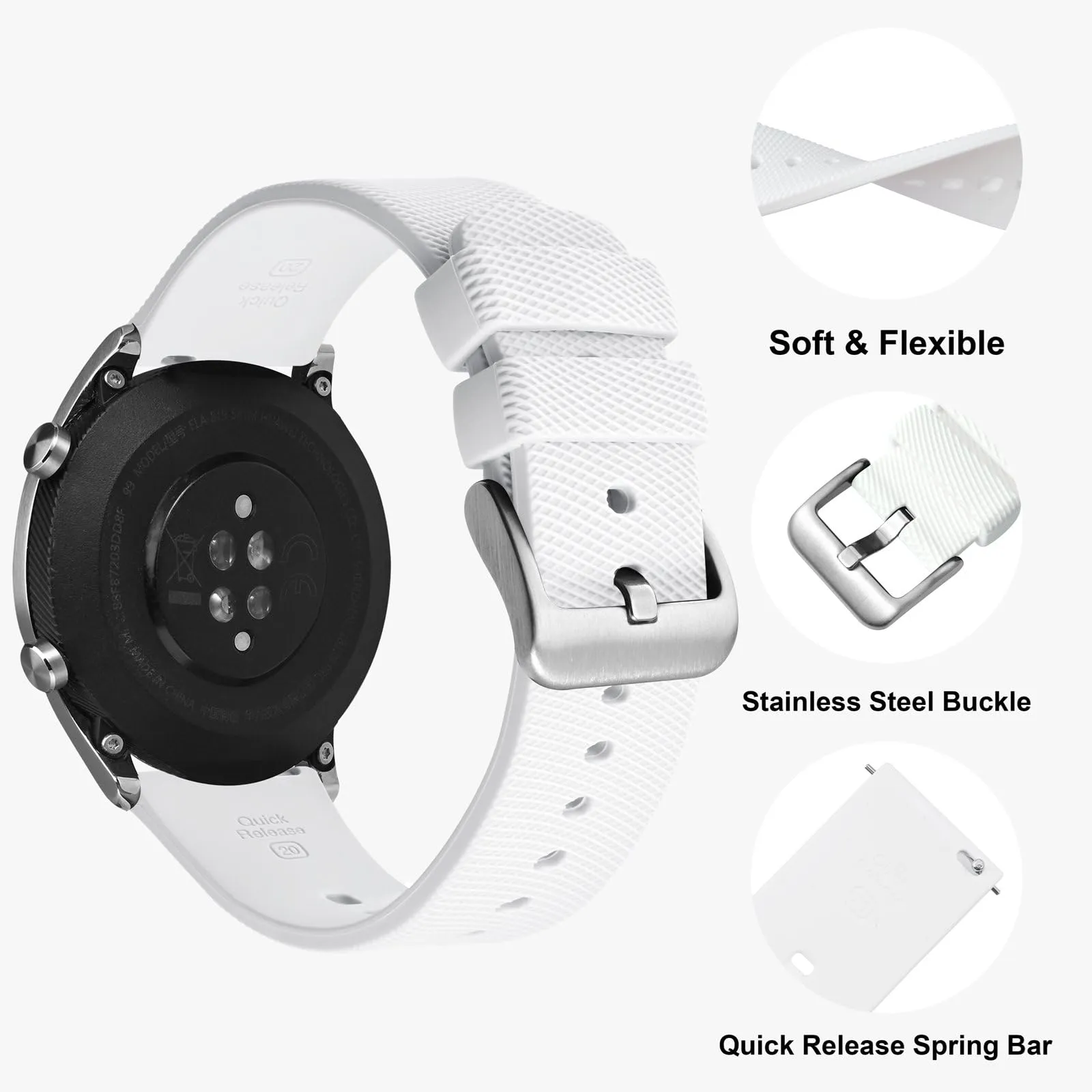 ANNEFIT Cinturino per Orologi in Silicone per Uomo Donna con Fibbia Argento, Cinturini 20mm in Gomma Morbida con Sgancio Rapido (Bianca) - immagine 3