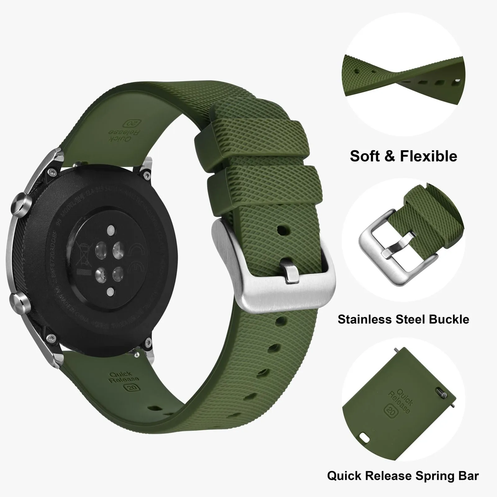 ANNEFIT Cinturino per Orologi in Silicone per Uomo Donna con Fibbia Argento, Cinturini 21mm in Gomma Morbida con Sgancio Rapido (Verde Oliva) - immagine 3