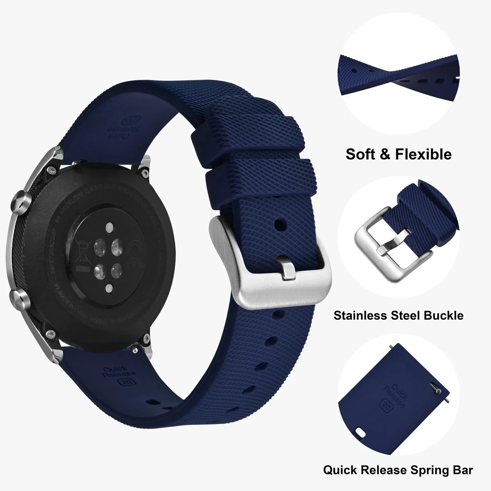 ANNEFIT Cinturino per Orologi in Silicone per Uomo Donna con Fibbia Argento, Cinturini 21mm in Gomma Morbida con Sgancio Rapido (Blu Navy) - immagine 3