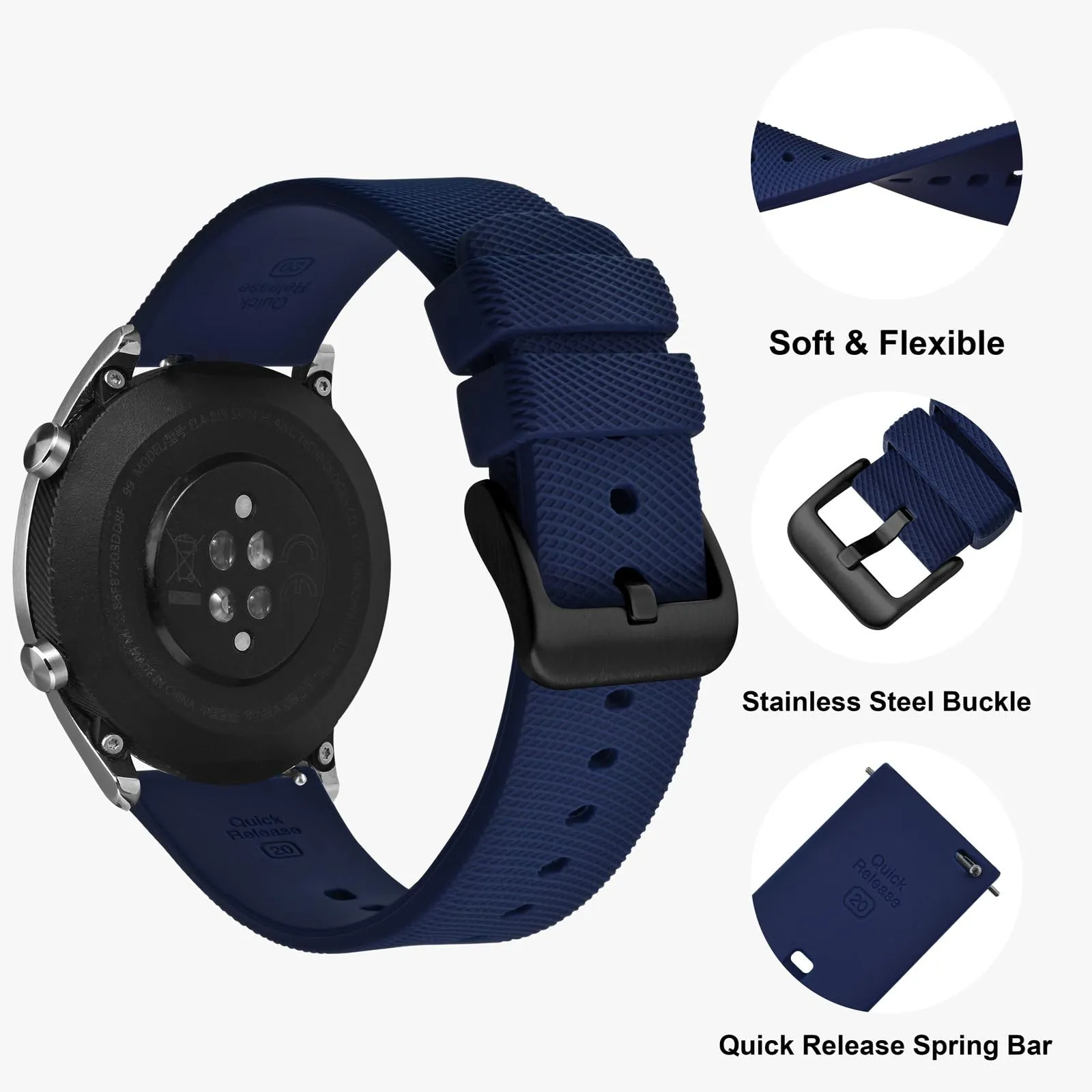 ANNEFIT Cinturino per Orologi in Silicone per Uomo Donna con Fibbia Nera, Cinturini 16mm in Gomma Morbida con Sgancio Rapido (Blu Navy) - immagine 3
