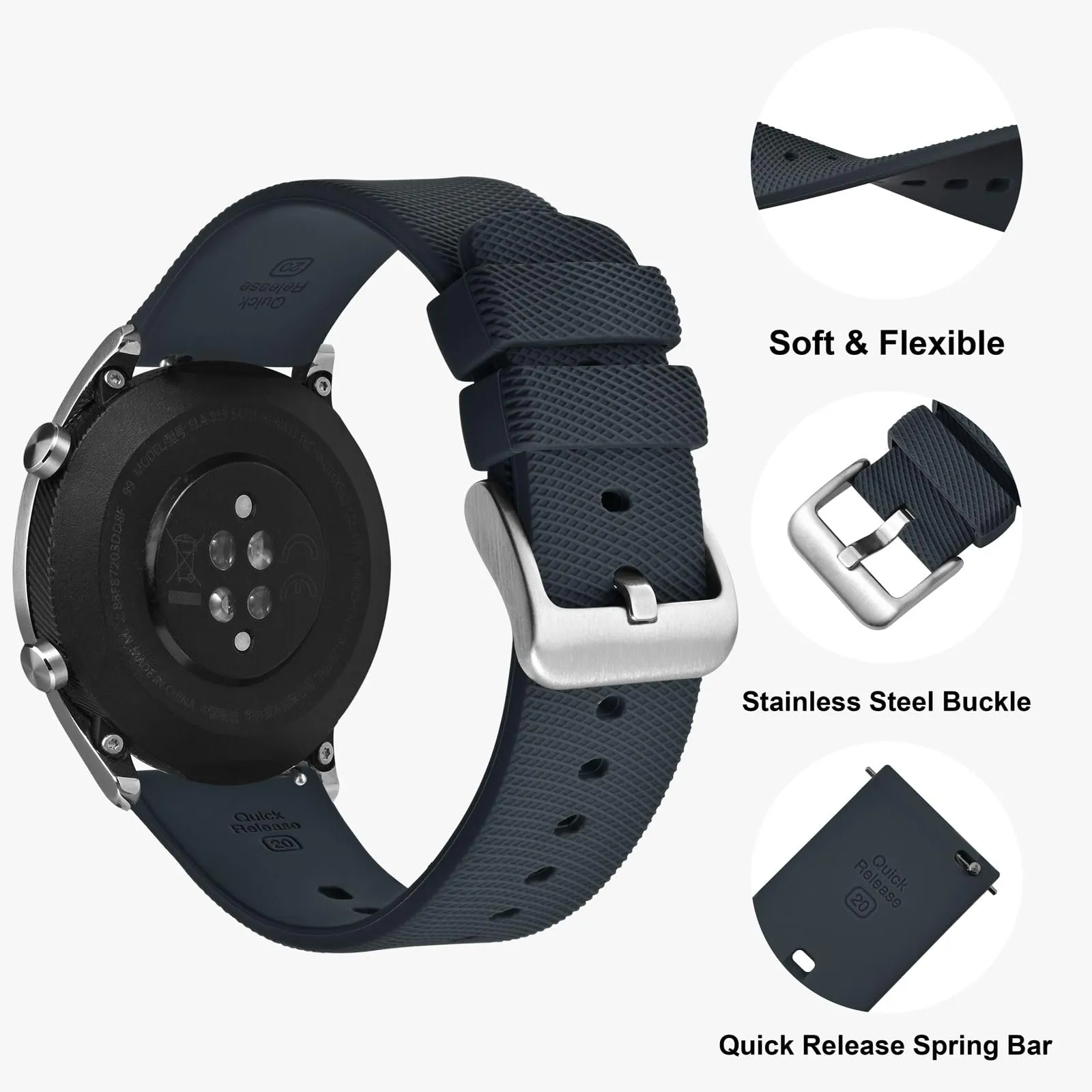 ANNEFIT Cinturino per Orologi in Silicone per Uomo Donna con Fibbia Argento, Cinturini 17mm in Gomma Morbida con Sgancio Rapido (Grigio Scuro) - immagine 3