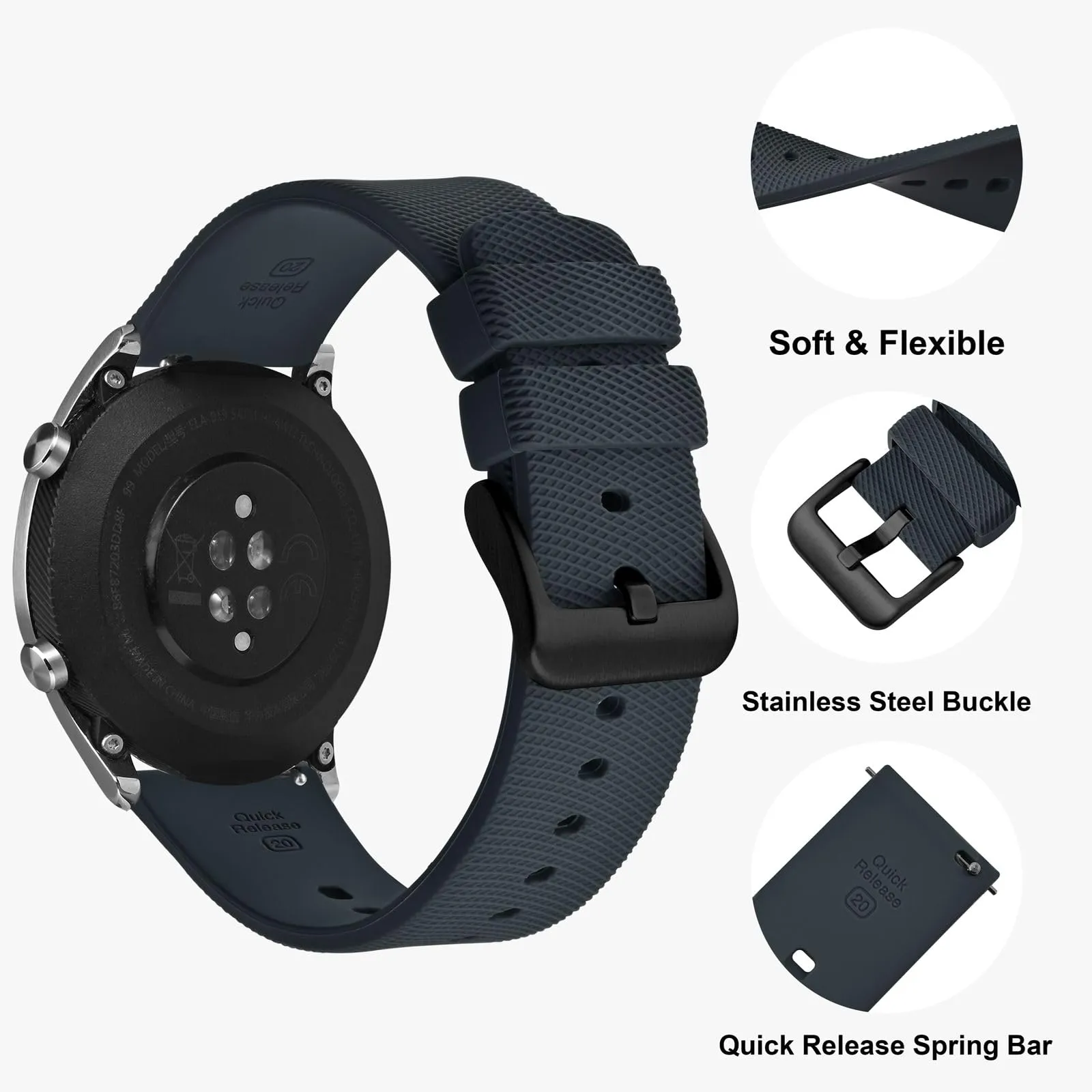 ANNEFIT Cinturino per Orologi in Silicone per Uomo Donna con Fibbia Nera, Cinturini 19mm in Gomma Morbida con Sgancio Rapido (Grigio Scuro) - immagine 3