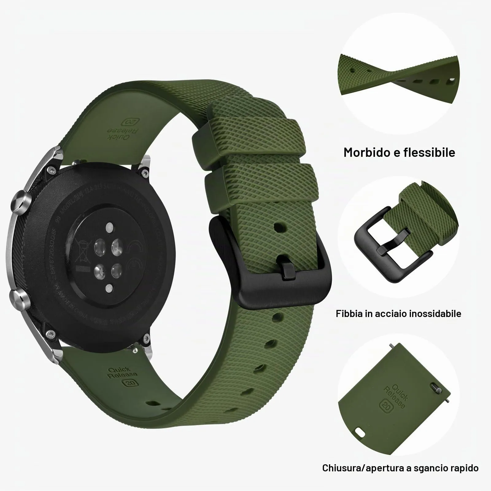 ANNEFIT Cinturino per Orologi in Silicone per Uomo Donna con Fibbia Nera, Cinturini 16mm in Gomma Morbida con Sgancio Rapido (Verde Oliva) - immagine 3
