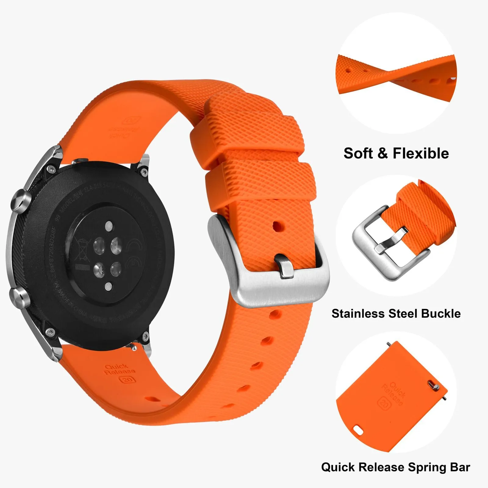 ANNEFIT Cinturino per Orologi in Silicone per Uomo Donna con Fibbia Argento, Cinturini 22mm in Gomma Morbida con Sgancio Rapido (Arancia) - immagine 3
