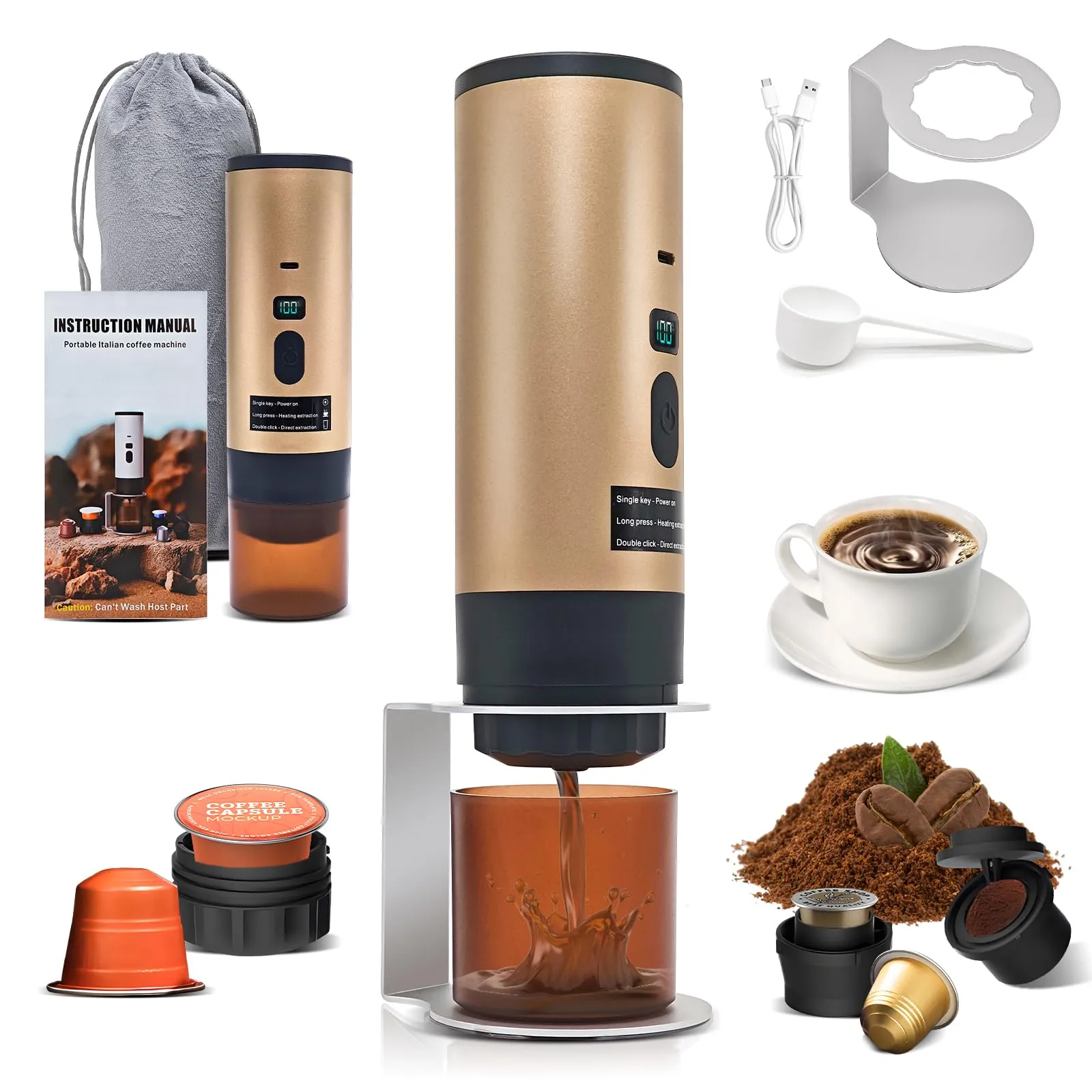 RoserRose Caffettiera Portatile, Macchina per Caffè Viaggio - Senza Fili & Auto-Riscaldante - Con Batteria 7800mAh, 15 Bar di Pressione - Compatibile con NS/DG/Caffè Macinato (Oro) - immagine 1