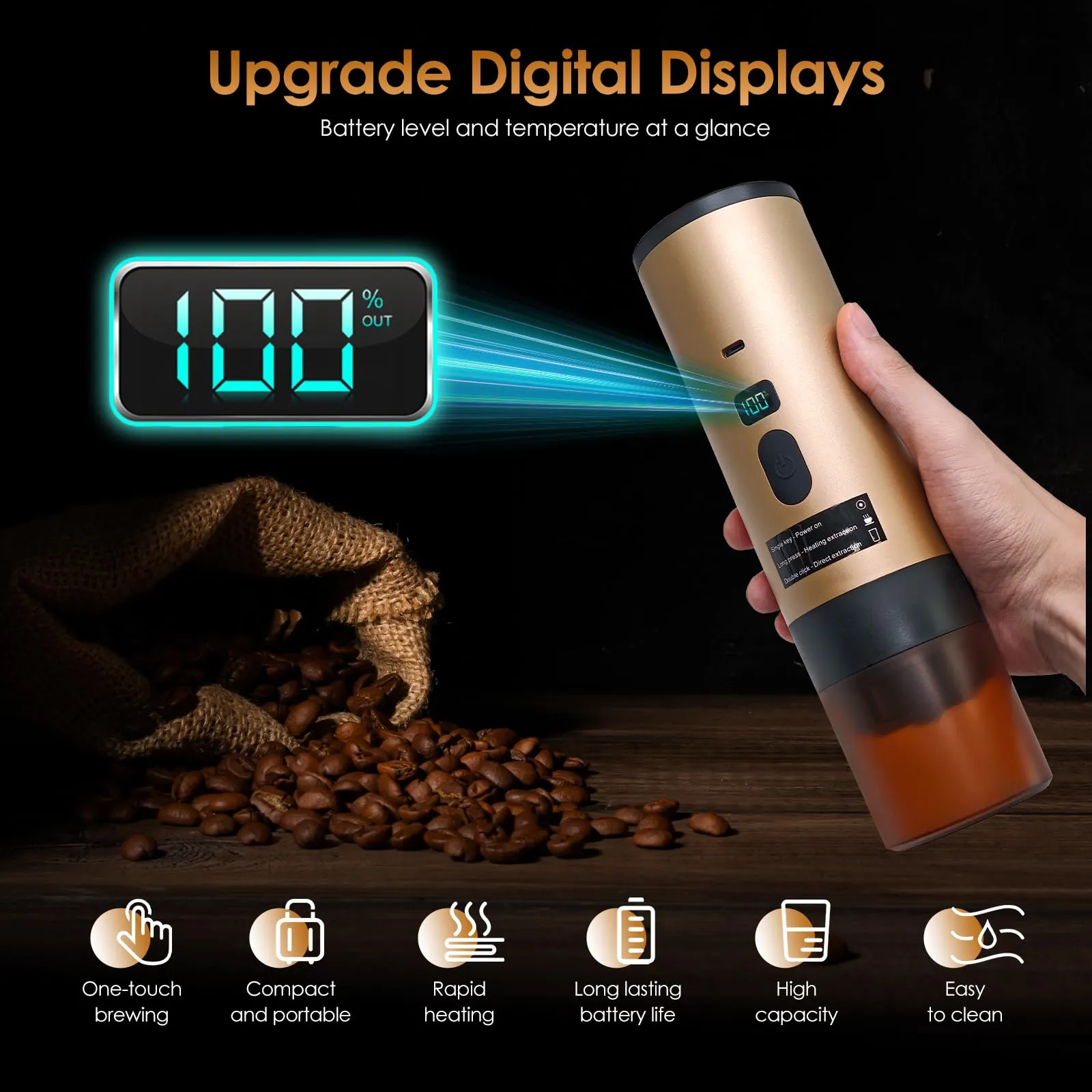 RoserRose Caffettiera Portatile, Macchina per Caffè Viaggio - Senza Fili & Auto-Riscaldante - Con Batteria 7800mAh, 15 Bar di Pressione - Compatibile con NS/DG/Caffè Macinato (Oro) - immagine 2