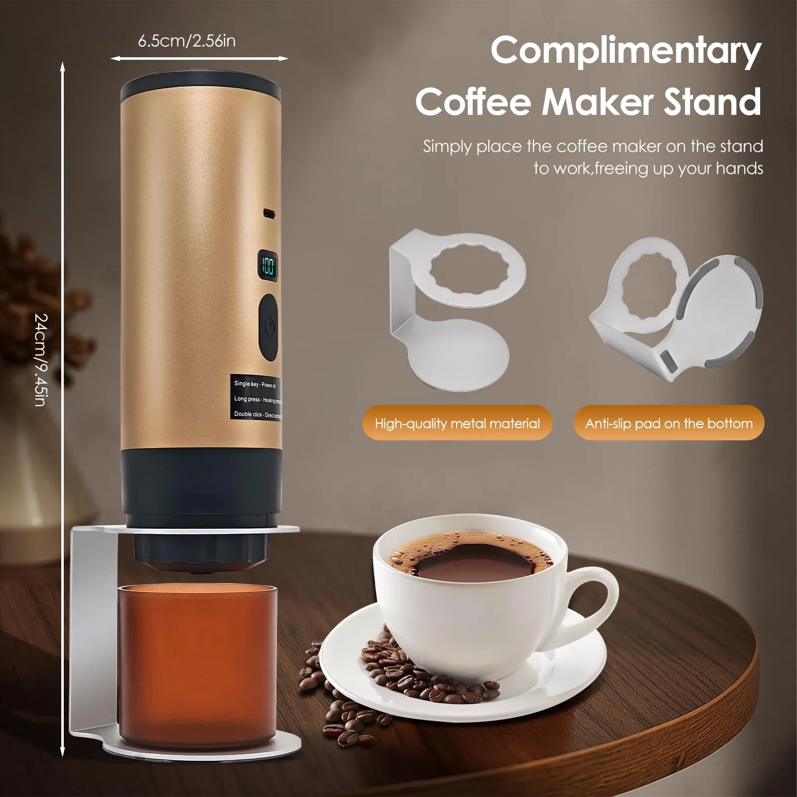 RoserRose Caffettiera Portatile, Macchina per Caffè Viaggio - Senza Fili & Auto-Riscaldante - Con Batteria 7800mAh, 15 Bar di Pressione - Compatibile con NS/DG/Caffè Macinato (Oro) - immagine 3