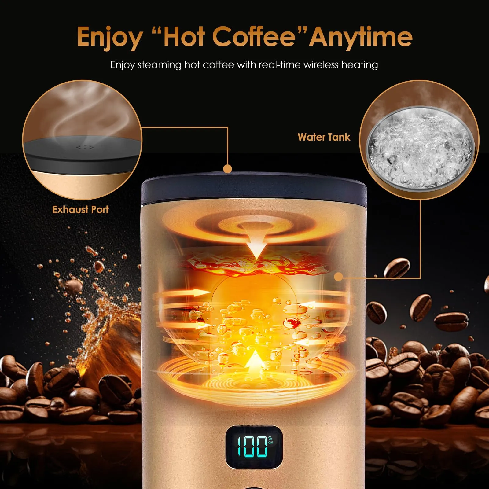 RoserRose Caffettiera Portatile, Macchina per Caffè Viaggio - Senza Fili & Auto-Riscaldante - Con Batteria 7800mAh, 15 Bar di Pressione - Compatibile con NS/DG/Caffè Macinato (Oro) - immagine 4