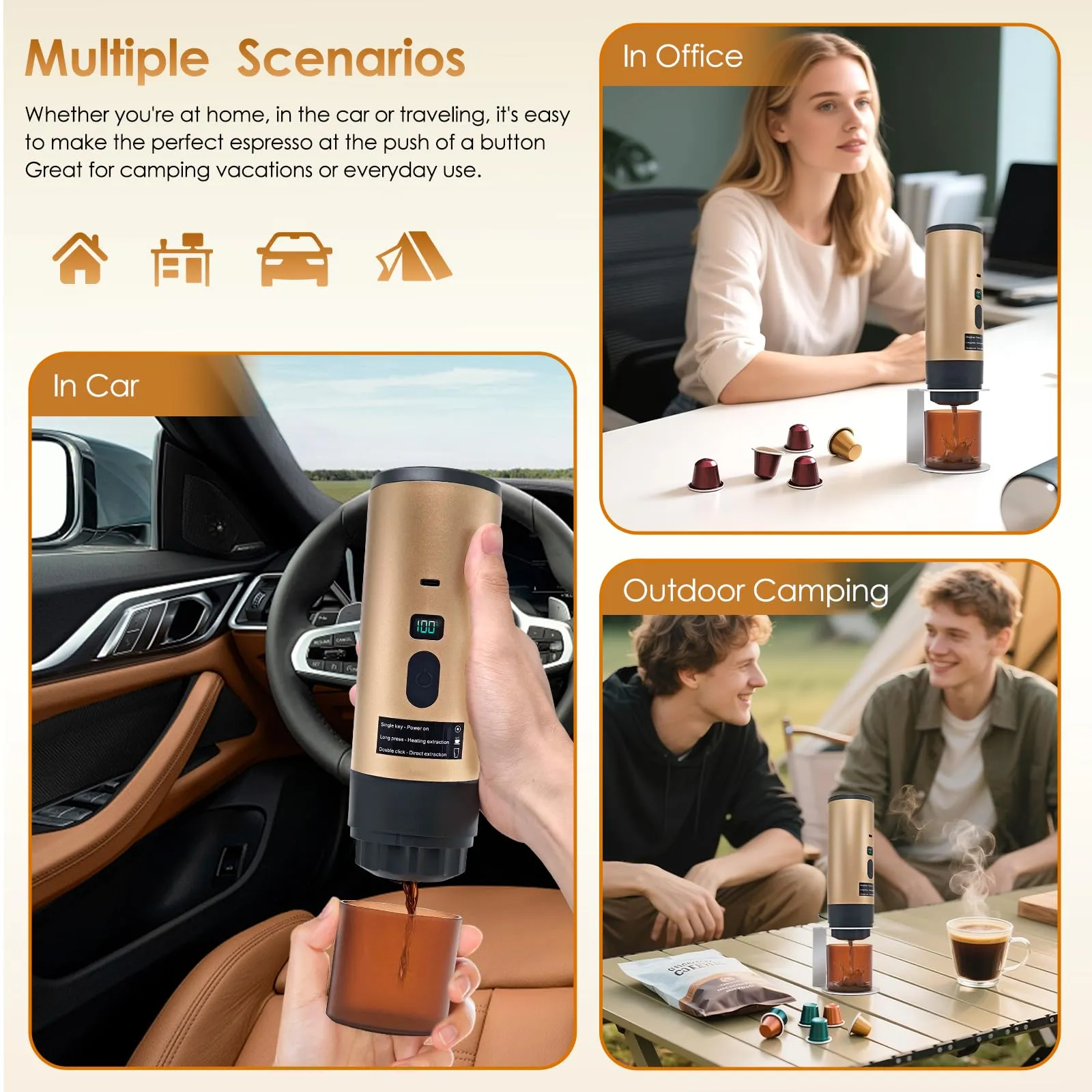 RoserRose Caffettiera Portatile, Macchina per Caffè Viaggio - Senza Fili & Auto-Riscaldante - Con Batteria 7800mAh, 15 Bar di Pressione - Compatibile con NS/DG/Caffè Macinato (Oro) - immagine 7
