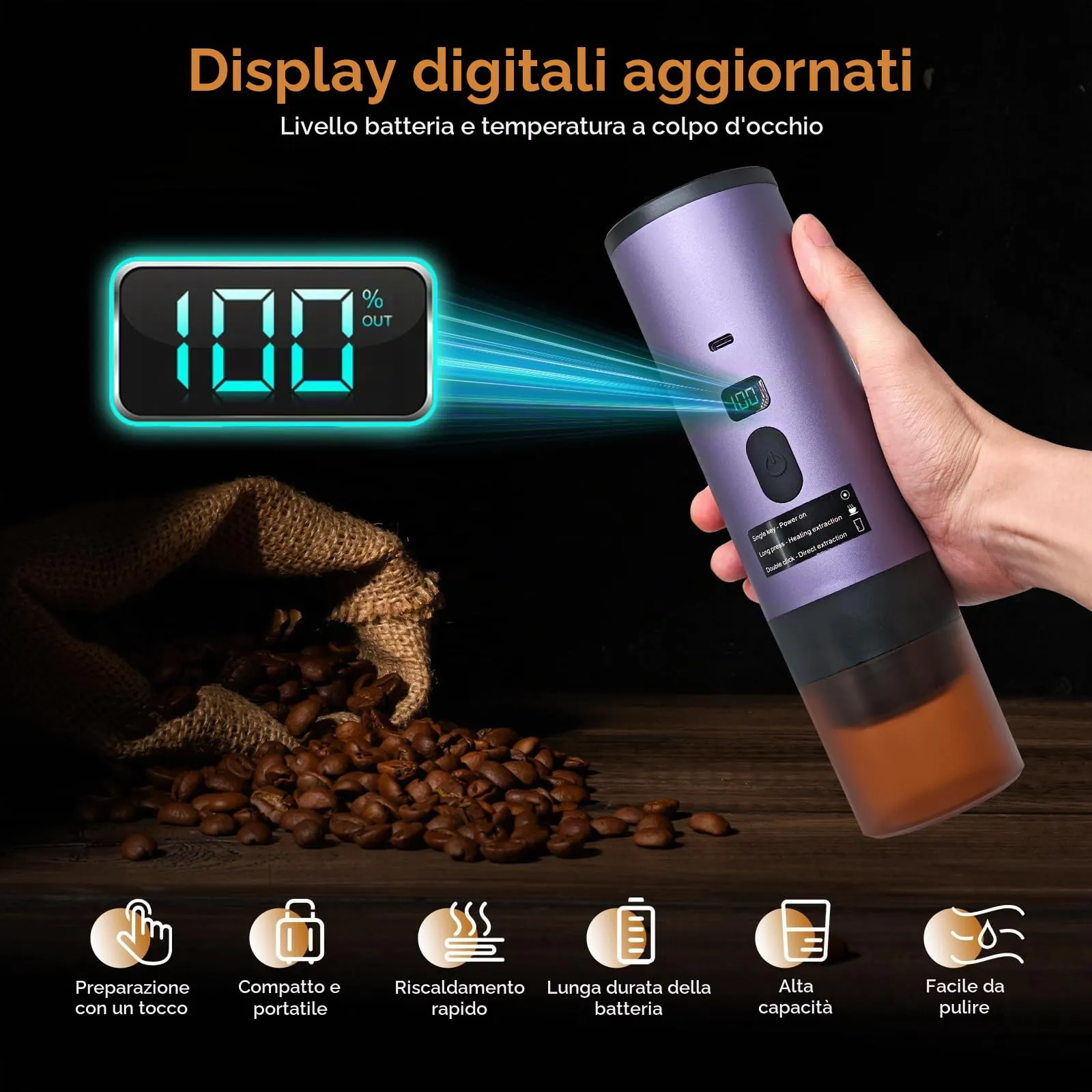 RoserRose Caffettiera Portatile, Macchina per Caffè Viaggio - Senza Fili & Auto-Riscaldante - Con Batteria 7800mAh, 15 Bar di Pressione - Compatibile con NS/DG/Caffè Macinato (Viola) - immagine 2