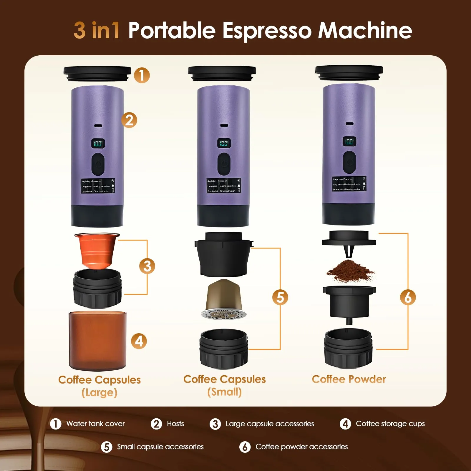 RoserRose Caffettiera Portatile, Macchina per Caffè Viaggio - Senza Fili & Auto-Riscaldante - Con Batteria 7800mAh, 15 Bar di Pressione - Compatibile con NS/DG/Caffè Macinato (Viola) - immagine 6