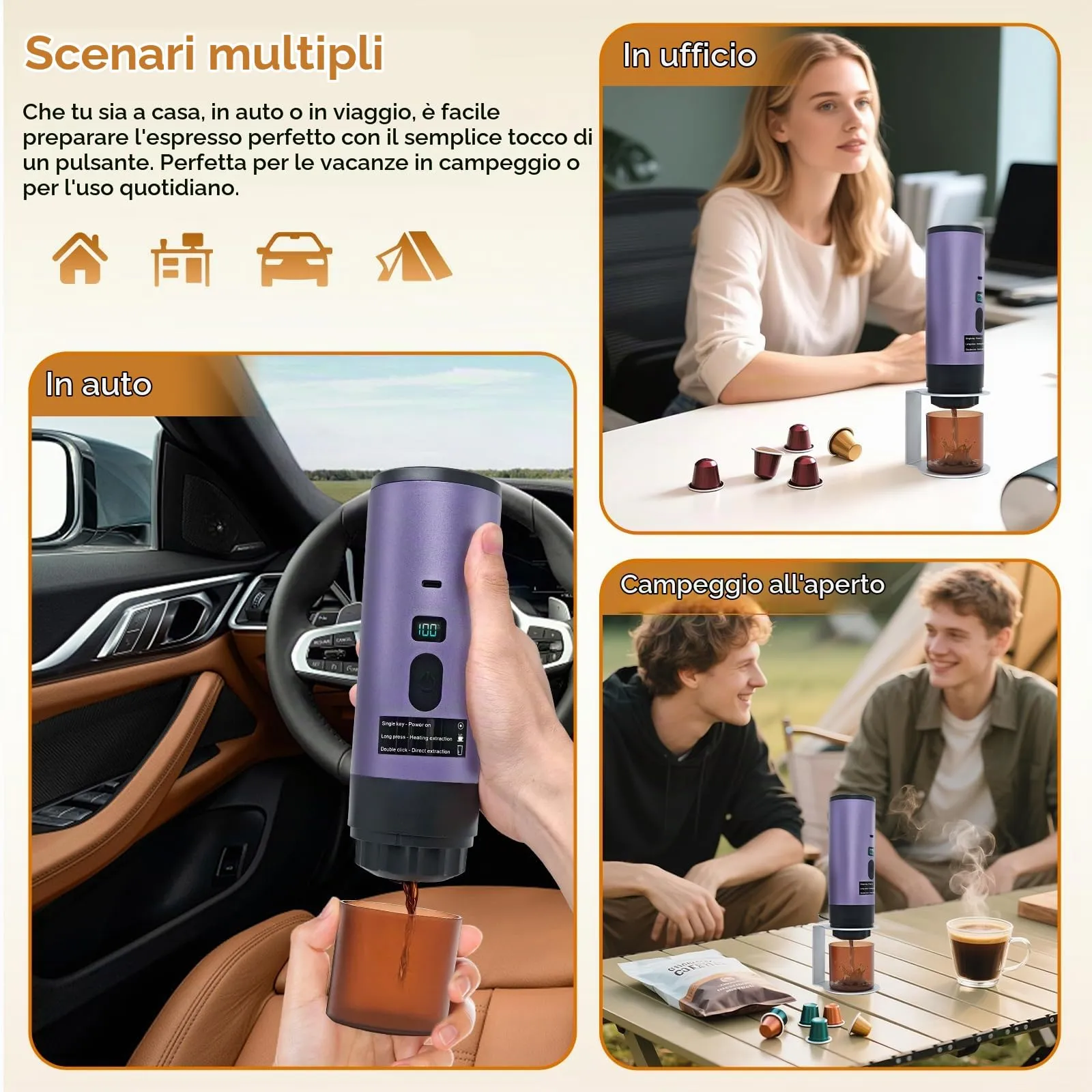 RoserRose Caffettiera Portatile, Macchina per Caffè Viaggio - Senza Fili & Auto-Riscaldante - Con Batteria 7800mAh, 15 Bar di Pressione - Compatibile con NS/DG/Caffè Macinato (Viola) - immagine 7