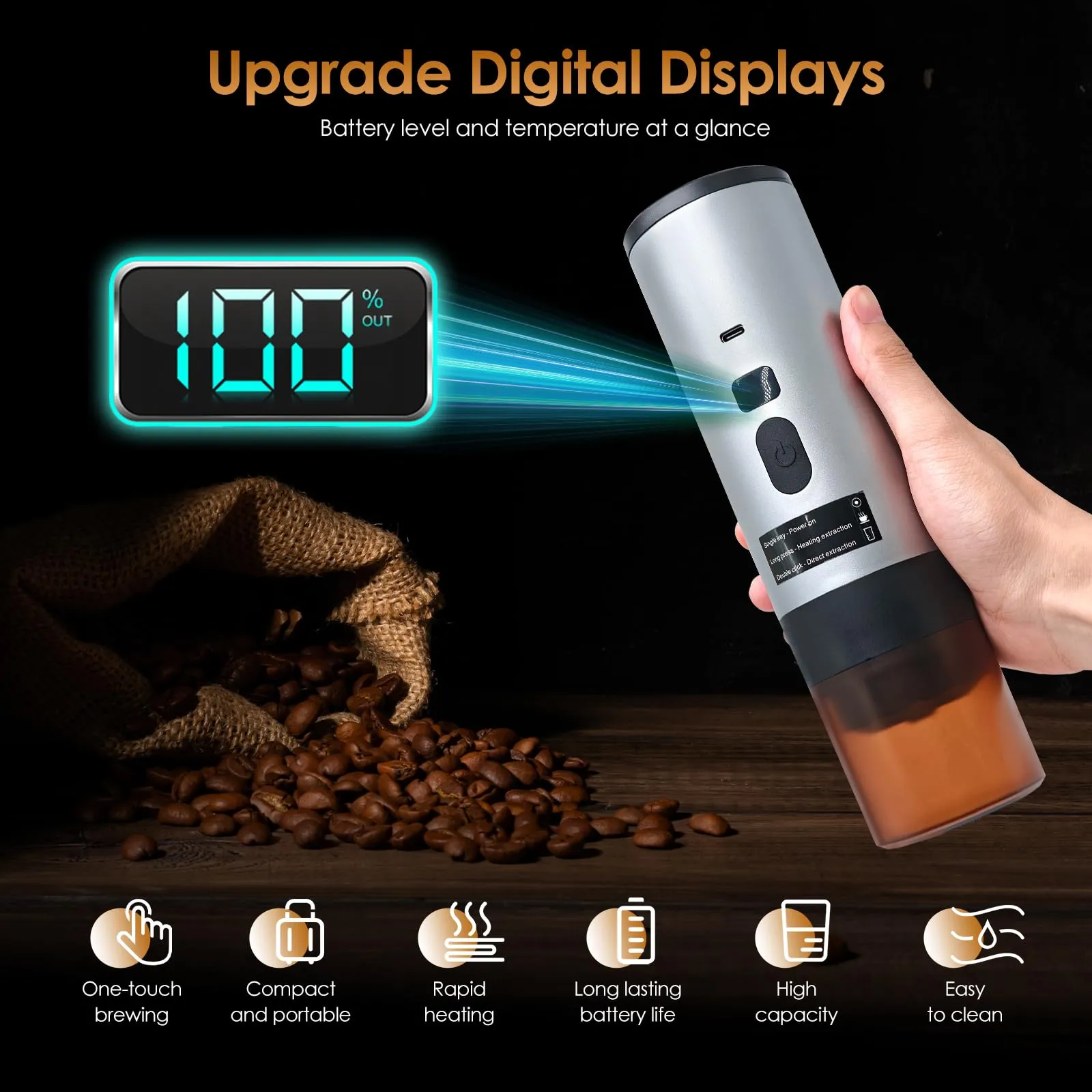 RoserRose Caffettiera Portatile, Macchina per Caffè Viaggio - Senza Fili & Auto-Riscaldante - Con Batteria 7800mAh, 15 Bar di Pressione - Compatibile con NS/DG/Caffè Macinato (Grigio) - immagine 2