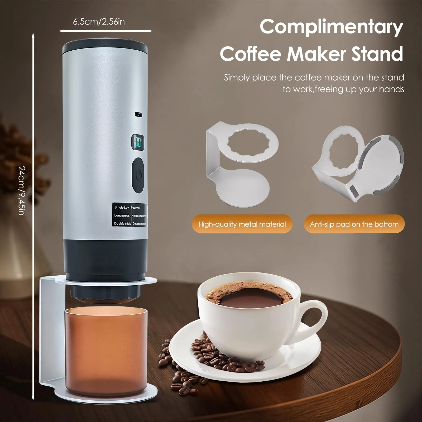 RoserRose Caffettiera Portatile, Macchina per Caffè Viaggio - Senza Fili & Auto-Riscaldante - Con Batteria 7800mAh, 15 Bar di Pressione - Compatibile con NS/DG/Caffè Macinato (Grigio) - immagine 3