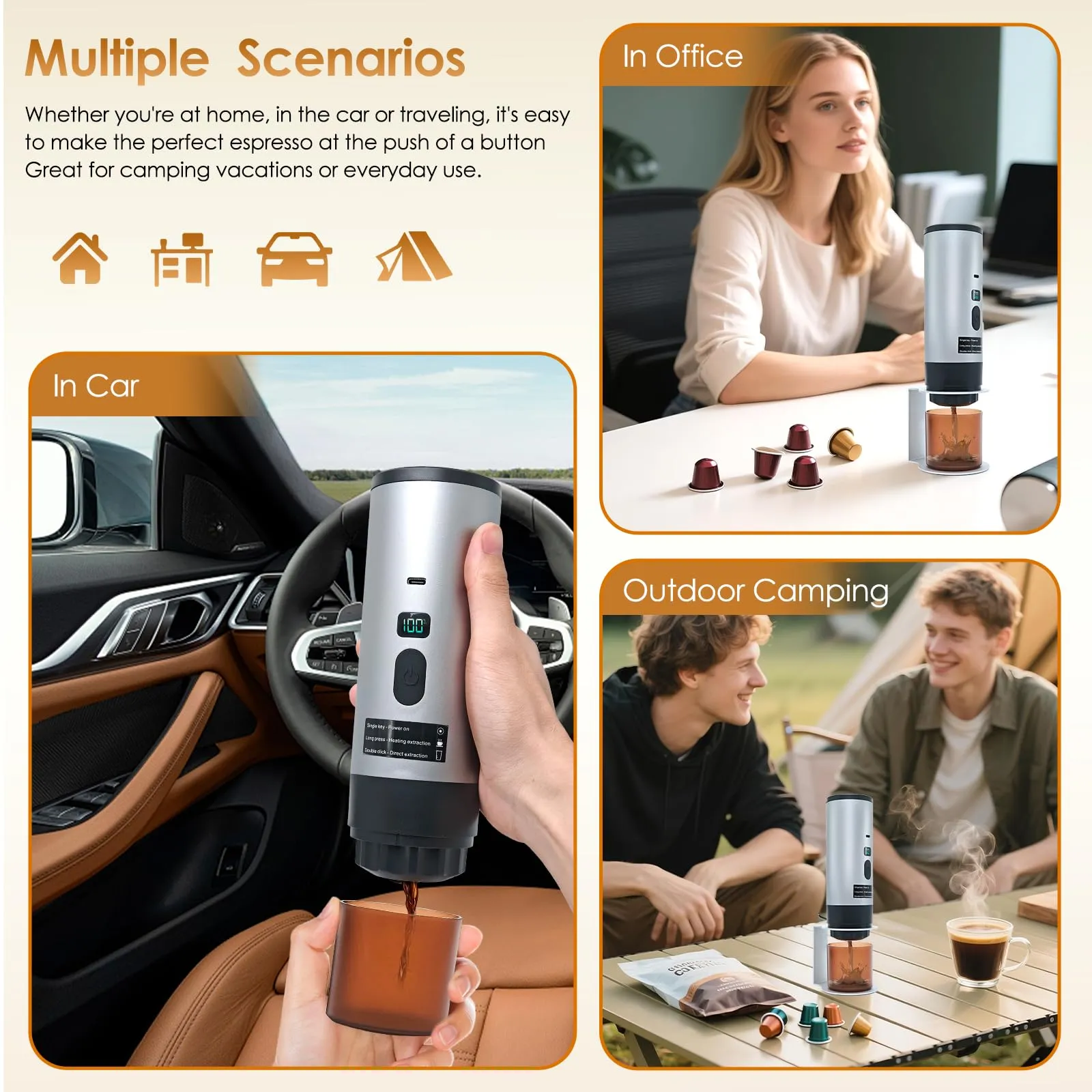 RoserRose Caffettiera Portatile, Macchina per Caffè Viaggio - Senza Fili & Auto-Riscaldante - Con Batteria 7800mAh, 15 Bar di Pressione - Compatibile con NS/DG/Caffè Macinato (Grigio) - immagine 7