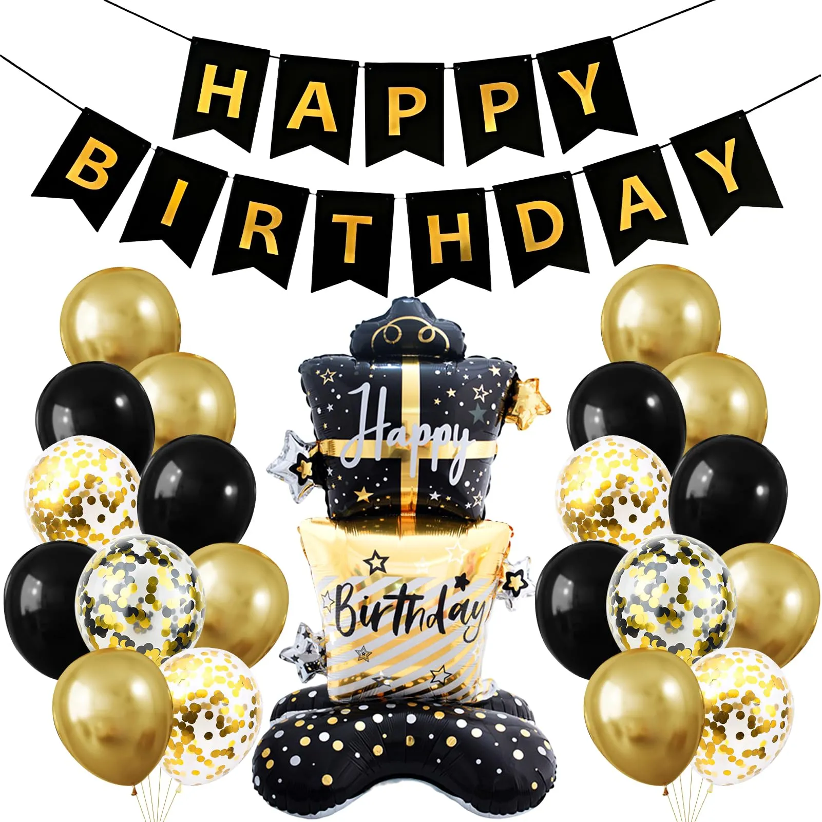 32 Pezzi Set Decorazioni Compleanno Oro e Nero, Palloncini Nero e Oro - immagine 1