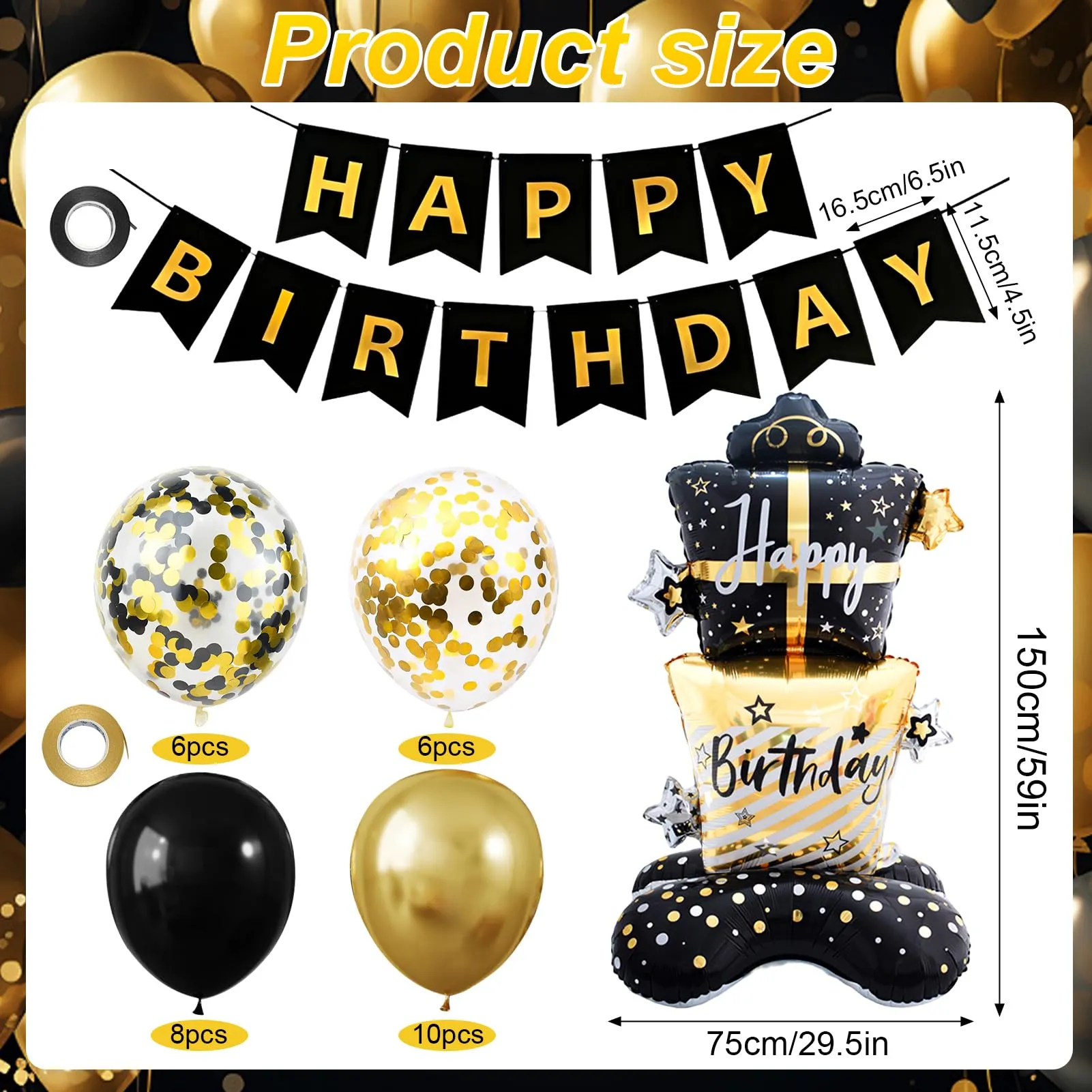 32 Pezzi Set Decorazioni Compleanno Oro e Nero, Palloncini Nero e Oro - immagine 2