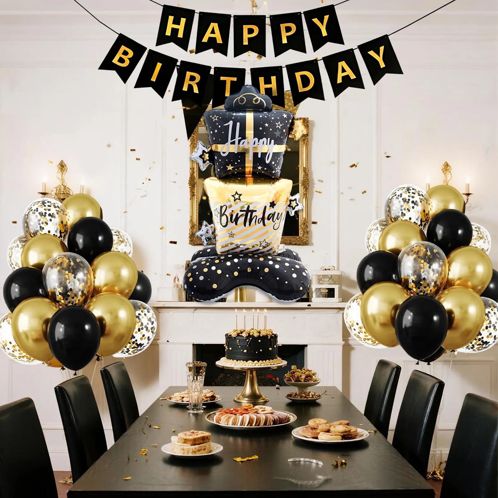 32 Pezzi Set Decorazioni Compleanno Oro e Nero, Palloncini Nero e Oro - immagine 4