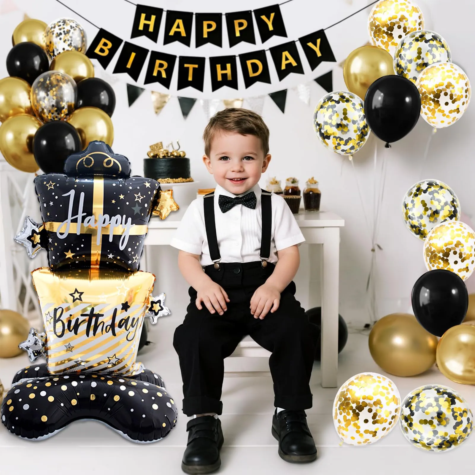 32 Pezzi Set Decorazioni Compleanno Oro e Nero, Palloncini Nero e Oro - immagine 5