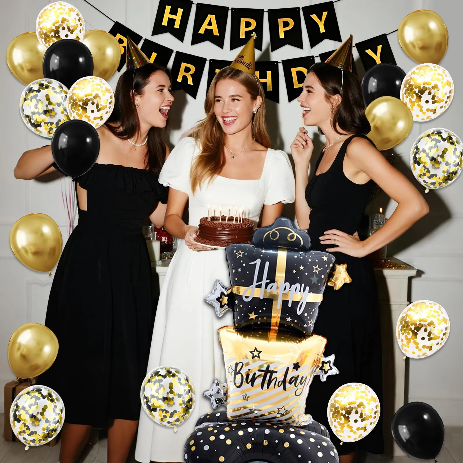 32 Pezzi Set Decorazioni Compleanno Oro e Nero, Palloncini Nero e Oro - immagine 6