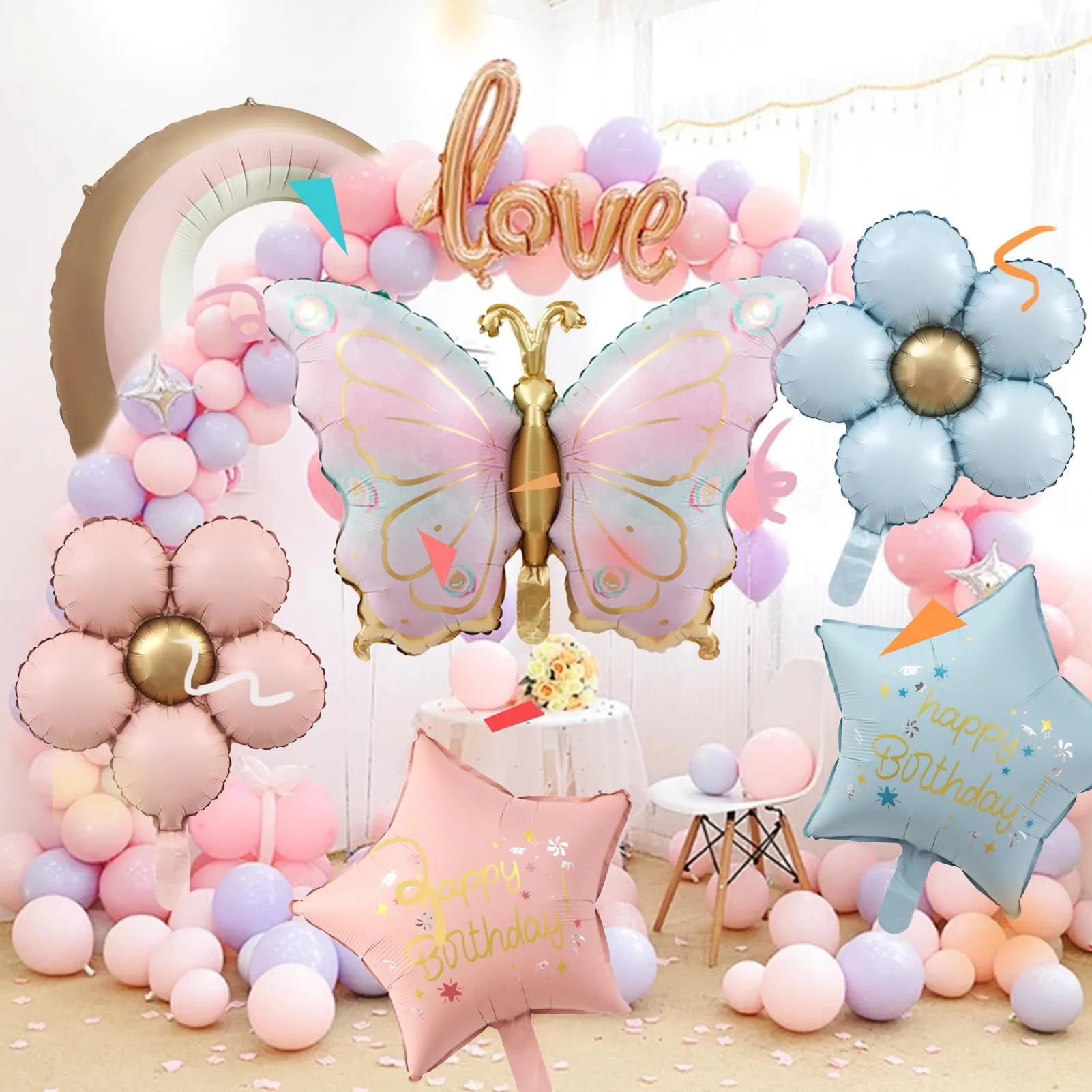 6 Pezzi Palloncini Farfalle Compleanno, Palloncini Fiori e Farfall - immagine 4