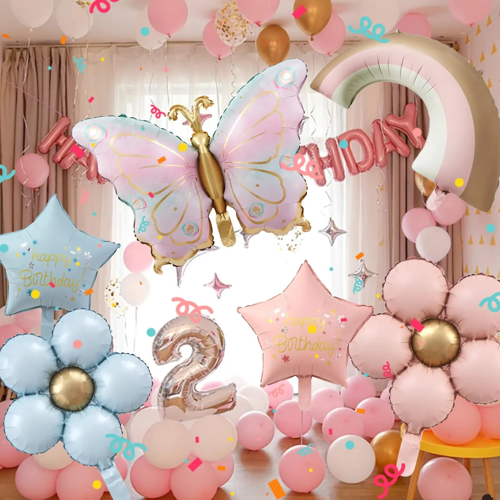 6 Pezzi Palloncini Farfalle Compleanno, Palloncini Fiori e Farfall - immagine 5