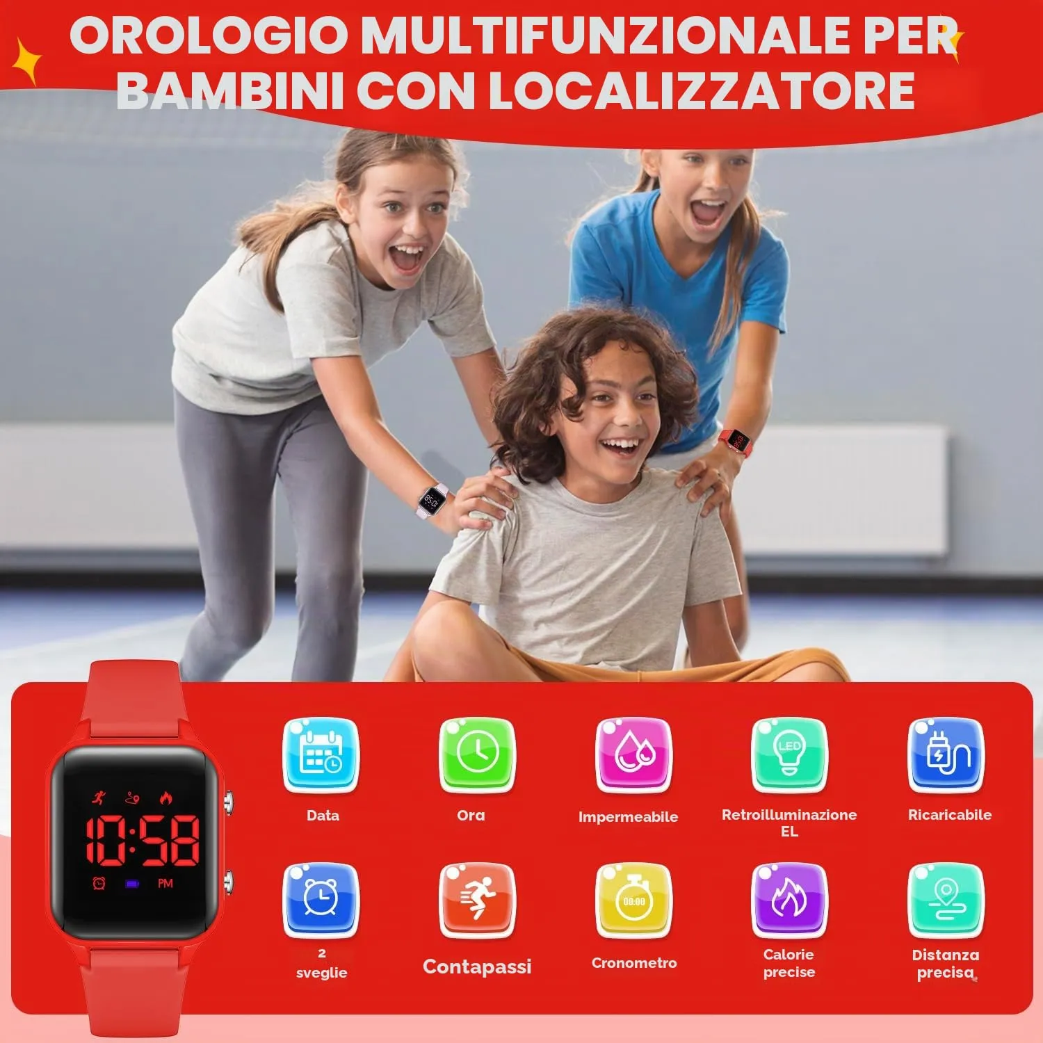 caprock Orologio digitale a LED per bambini, con contapassi, impermeabile fino a 50 atm, con calcolo della distanza/vibrazione, doppia sveglia/cronometro - immagine 2