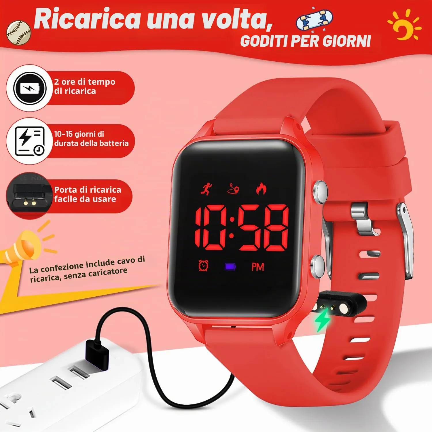 caprock Orologio digitale a LED per bambini, con contapassi, impermeabile fino a 50 atm, con calcolo della distanza/vibrazione, doppia sveglia/cronometro - immagine 3