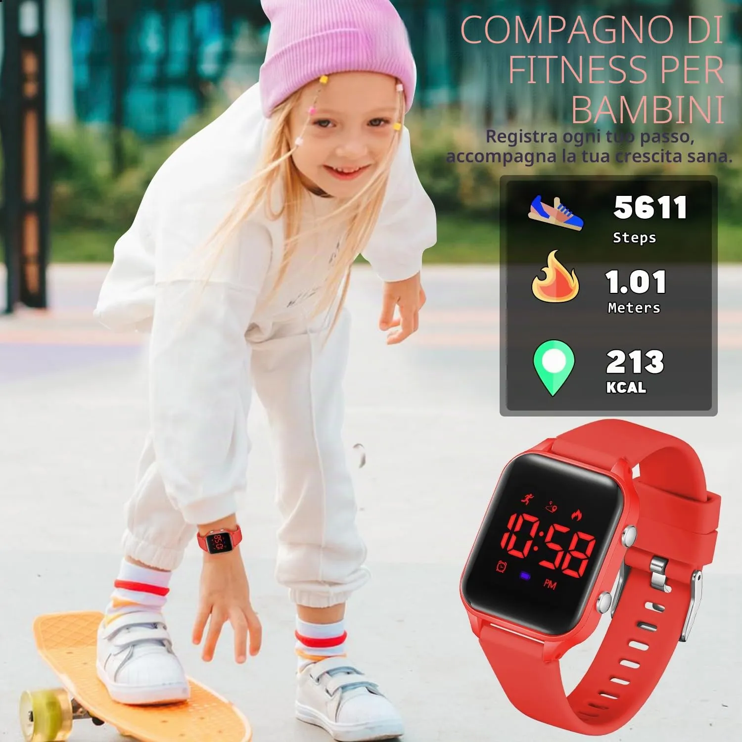 caprock Orologio digitale a LED per bambini, con contapassi, impermeabile fino a 50 atm, con calcolo della distanza/vibrazione, doppia sveglia/cronometro - immagine 4