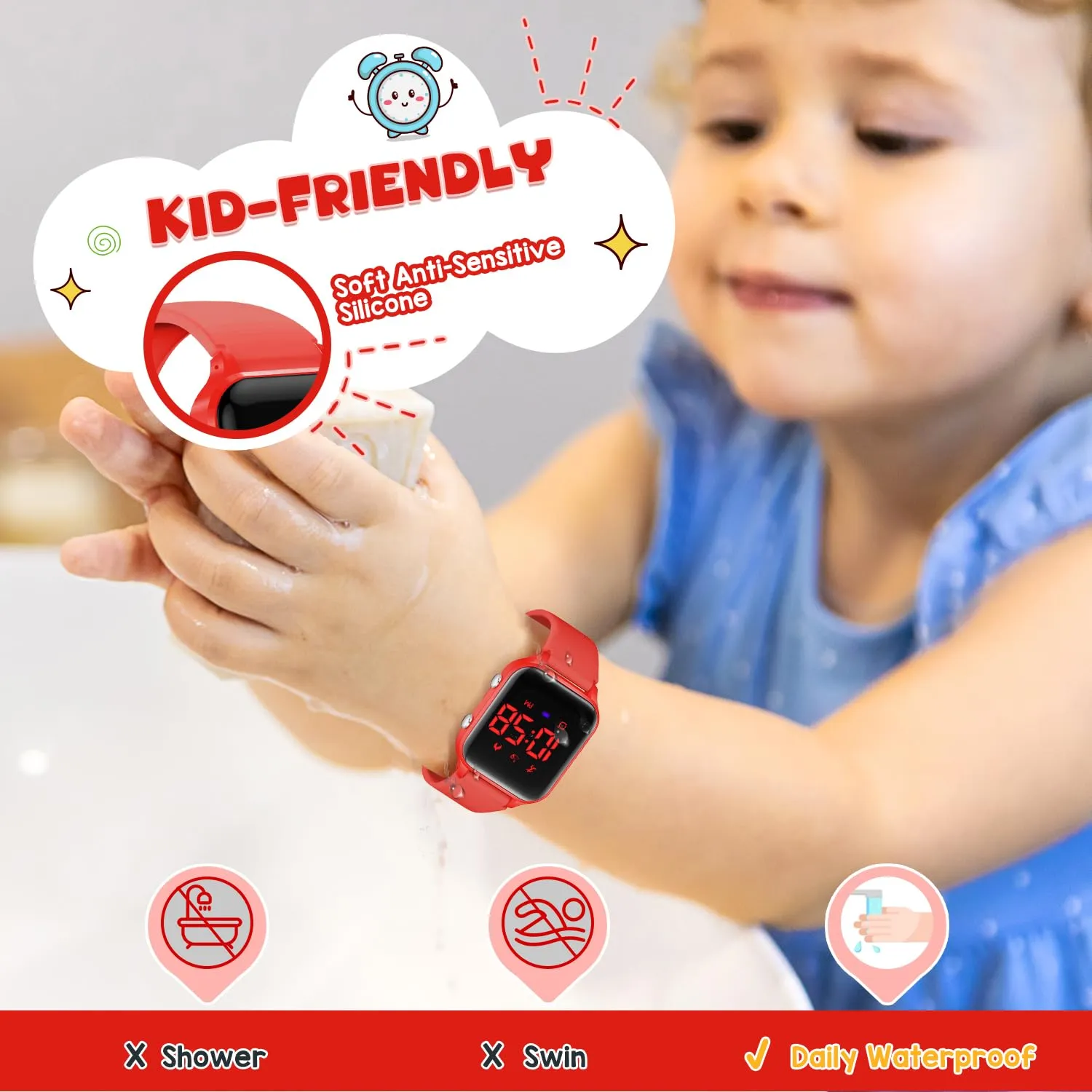caprock Orologio digitale a LED per bambini, con contapassi, impermeabile fino a 50 atm, con calcolo della distanza/vibrazione, doppia sveglia/cronometro - immagine 7