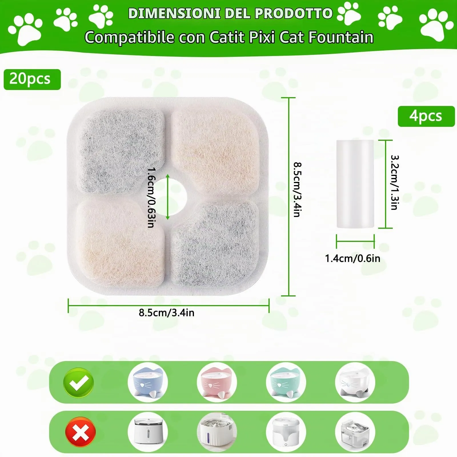 Foydream 20 Pezzi Filtro Fontanella per Gatti con Resina e Carboni Attivi, Filtri di Ricambio Compatibili con Catit Pixi, Accessori Fontana Acqua per Gatti e Cani - immagine 3