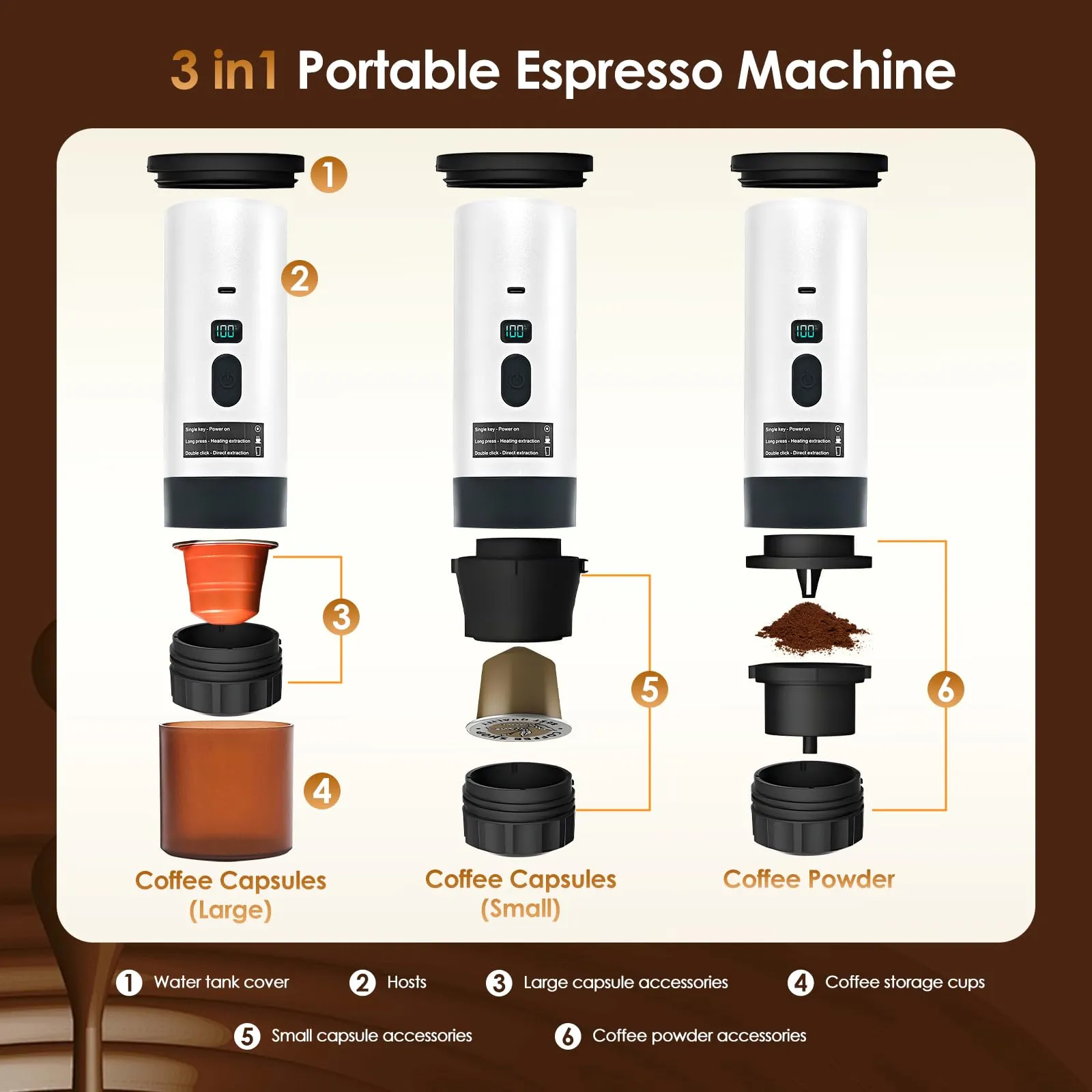 RoserRose Caffettiera Portatile, Macchina per Caffè Viaggio - Senza Fili & Auto-Riscaldante - Con Batteria 7800mAh, 15 Bar di Pressione - Compatibile con NS/DG/Caffè Macinato (Bianco) - immagine 6