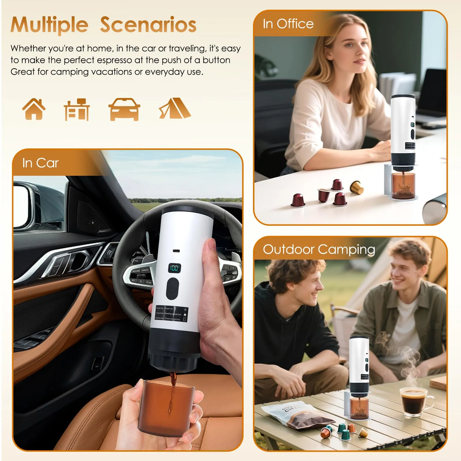RoserRose Caffettiera Portatile, Macchina per Caffè Viaggio - Senza Fili & Auto-Riscaldante - Con Batteria 7800mAh, 15 Bar di Pressione - Compatibile con NS/DG/Caffè Macinato (Bianco) - immagine 7