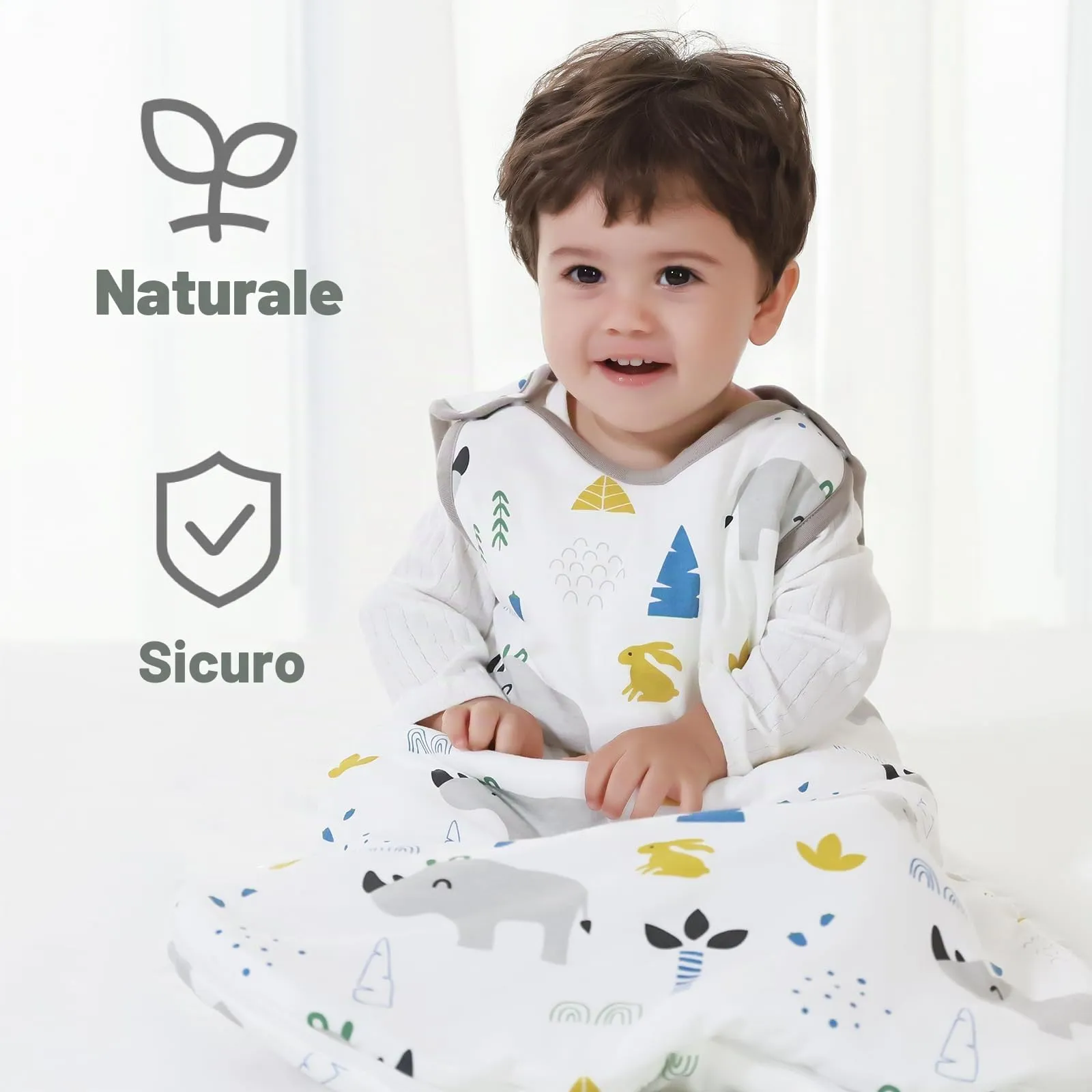 Mosebears Mosbears Sacco nanna invernale per bambini, 2,5 Tog, 100% cotone, diverse dimensioni dalla nascita fino a 24 mesi, adatto per tutto l'anno(Rinoceronte,L(12 a 18 mesi)) - immagine 3