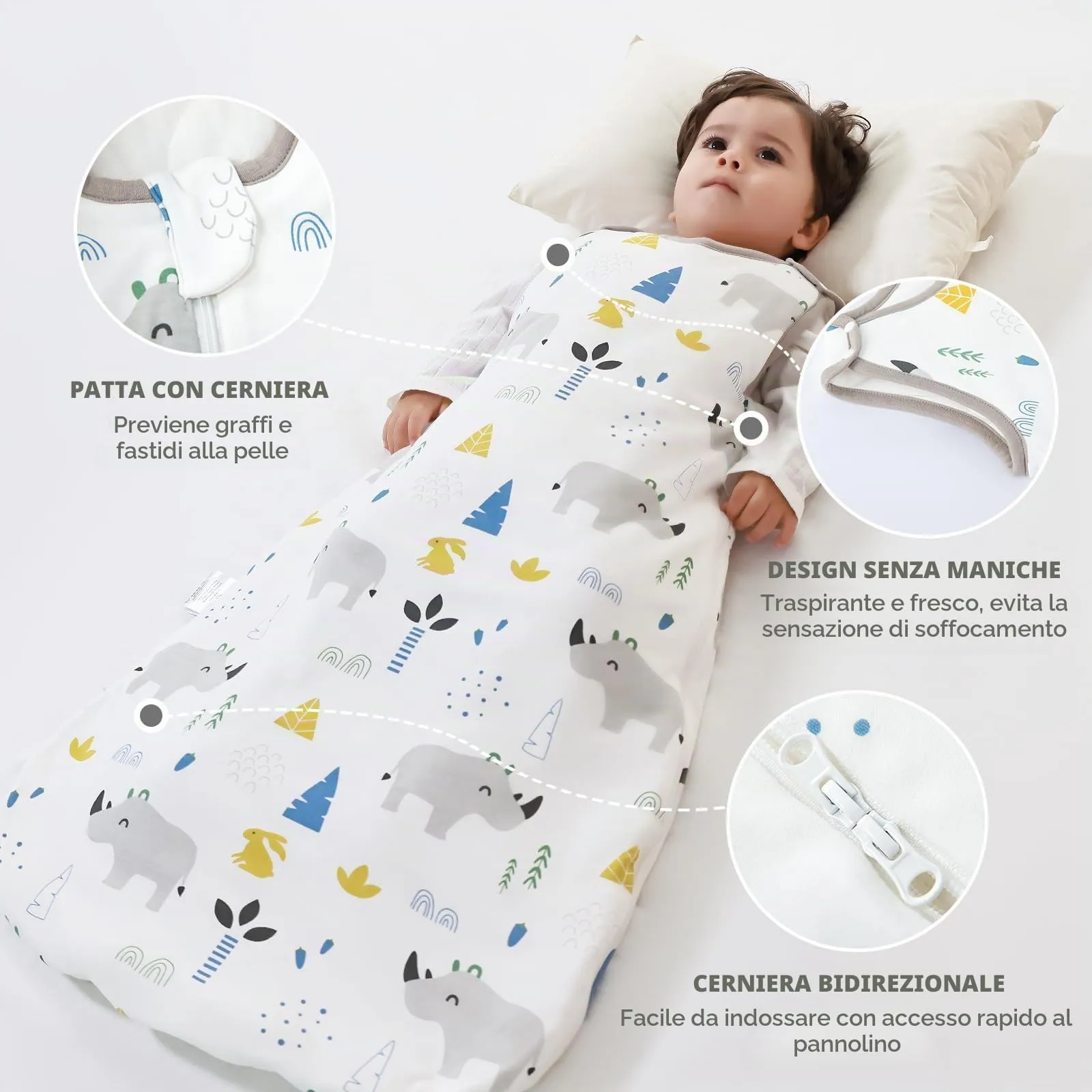 Mosebears Mosbears Sacco nanna invernale per bambini, 2,5 Tog, 100% cotone, diverse dimensioni dalla nascita fino a 24 mesi, adatto per tutto l'anno(Rinoceronte,L(12 a 18 mesi)) - immagine 4