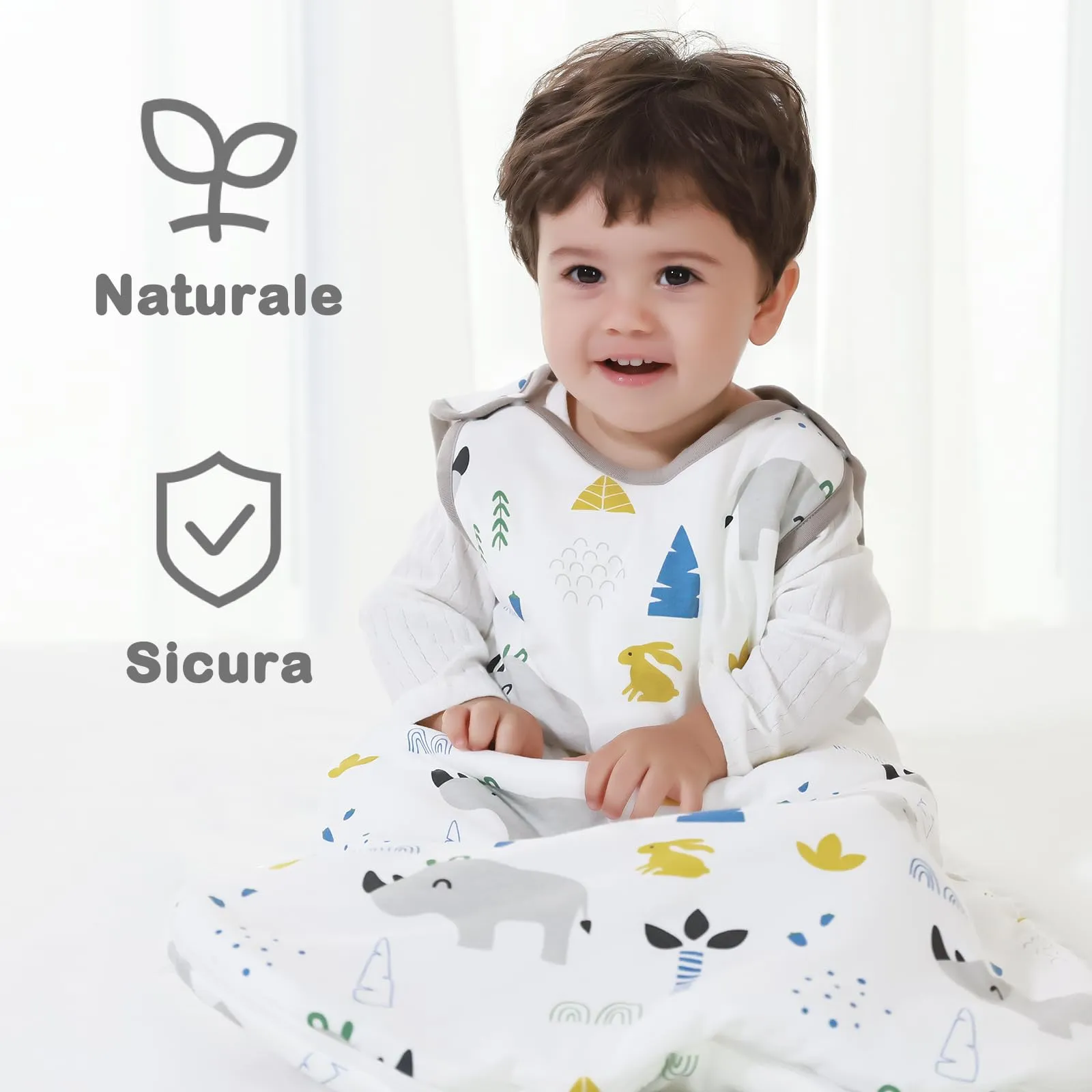 Mosebears Mosbears Sacco nanna invernale per bambini, 2,5 Tog, 100% cotone, diverse dimensioni dalla nascita fino a 24 mesi, adatto per tutto l'anno(Rinoceronte,XL(18 a 24 mesi)) - immagine 2