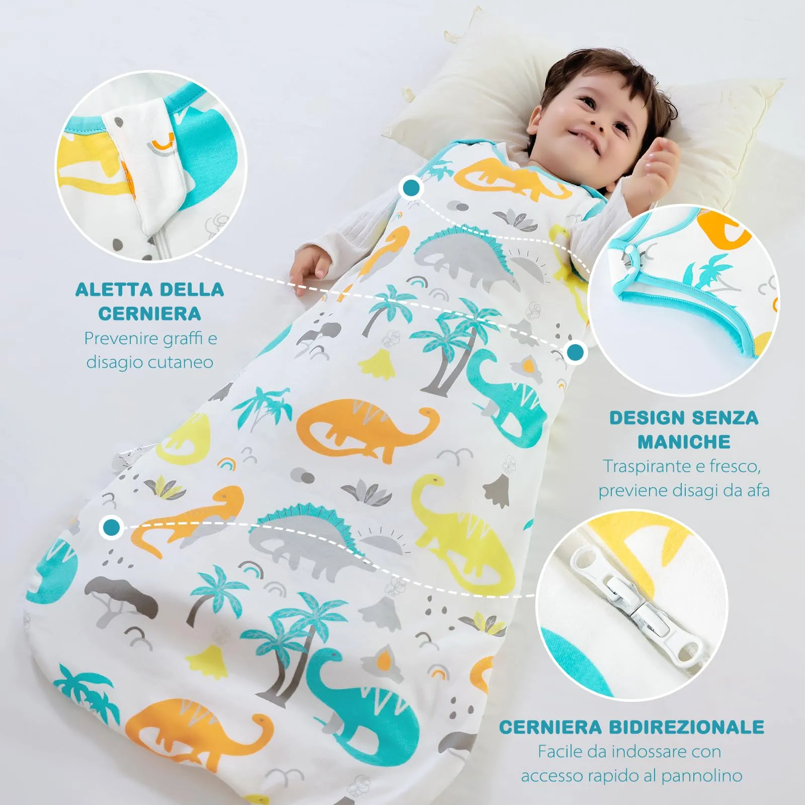 Mosebears Mosbears Sacco nanna invernale per bambini, 2,5 Tog, 100% cotone, diverse dimensioni dalla nascita fino a 24 mesi, adatto per tutto l'anno(Dinosauro,S(0 a 6 mesi)) - immagine 7