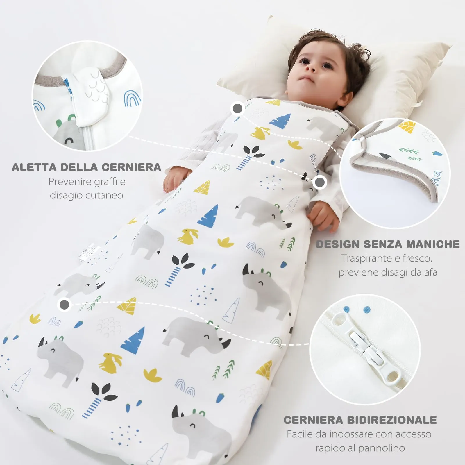 Mosebears Mosbears Sacco nanna invernale per bambini, 2,5 Tog, 100% cotone, diverse dimensioni dalla nascita fino a 24 mesi, adatto per tutto l'anno(Rinoceronte,M(6 a 12 mesi)) - immagine 4