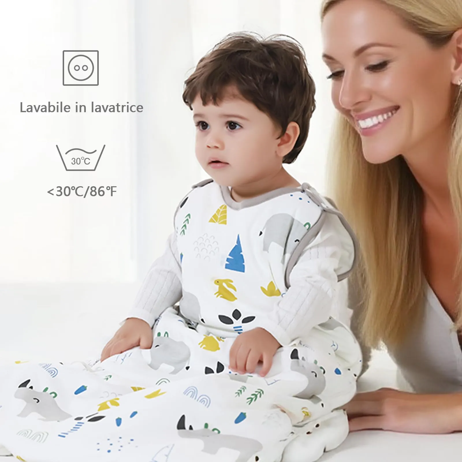 Mosebears Mosbears Sacco nanna invernale per bambini, 2,5 Tog, 100% cotone, diverse dimensioni dalla nascita fino a 24 mesi, adatto per tutto l'anno(Rinoceronte,M(6 a 12 mesi)) - immagine 9