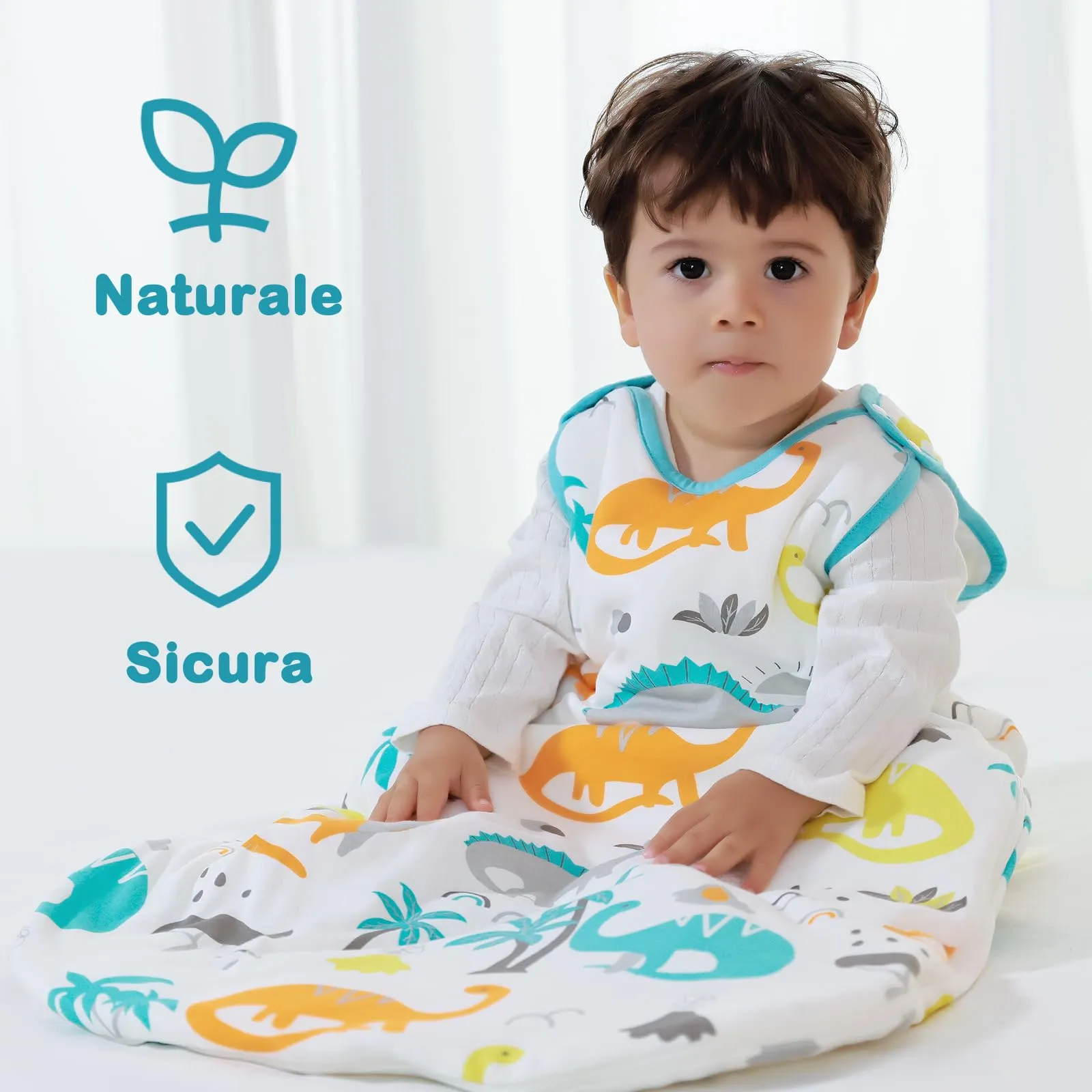 Mosebears Mosbears Sacco nanna invernale per bambini, 2,5 Tog, 100% cotone, diverse dimensioni dalla nascita fino a 24 mesi, adatto per tutto l'anno(Dinosauro,XL(18 a 24 mesi)) - immagine 2